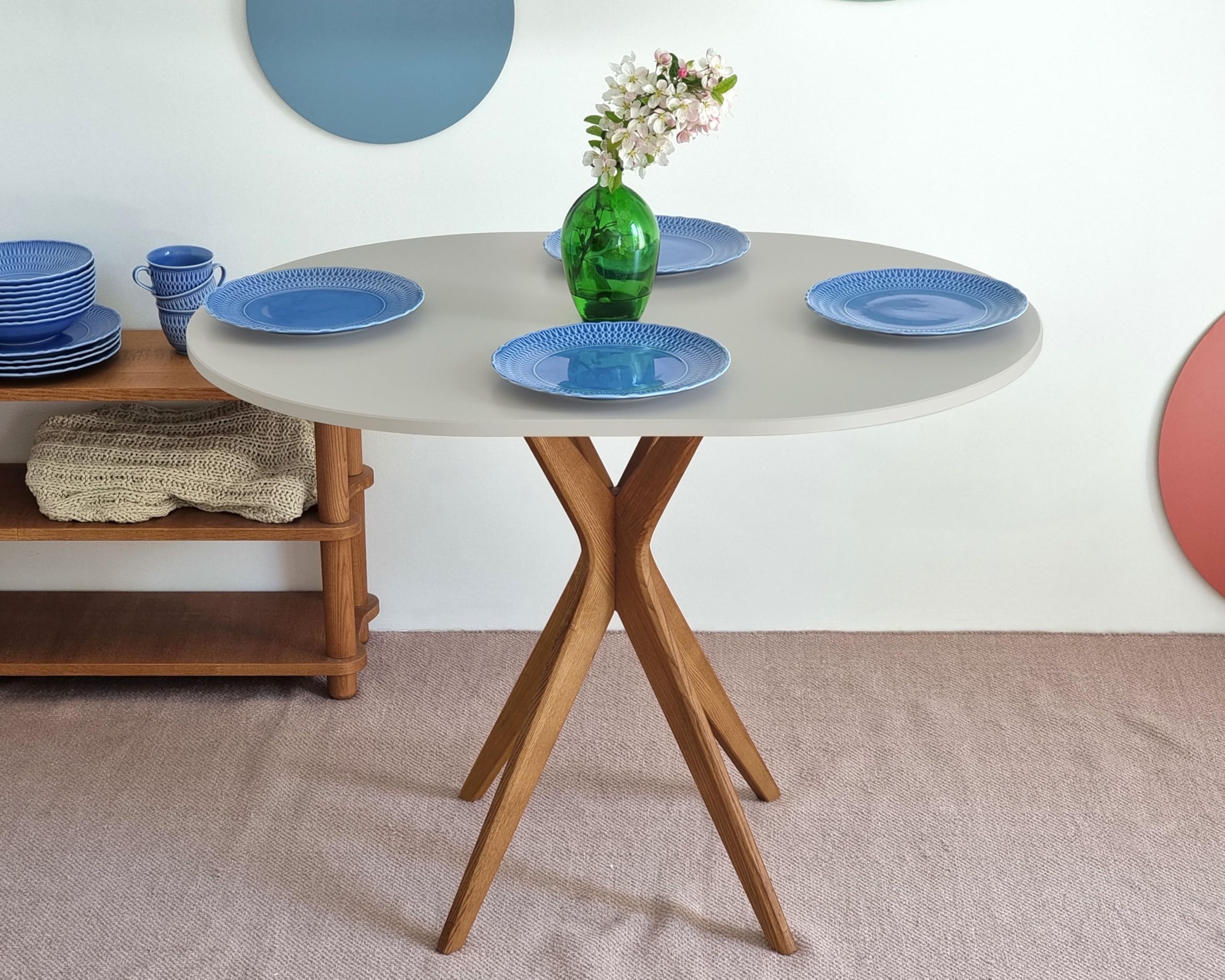 RAGABA Mesa de comedor ovalada pequeña 100 x 75 cm, estructura en X, mesa de comedor para 4 personas, madera maciza, moderna, ahorra espacio, color beige