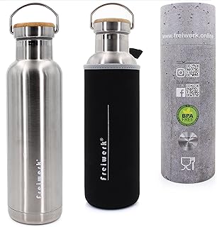 Bouteille à emporter freiwerk - Pour extérieur - En acier inoxydable - Couvercle en bambou - Revêtement néoprène - Gourde pour le sport