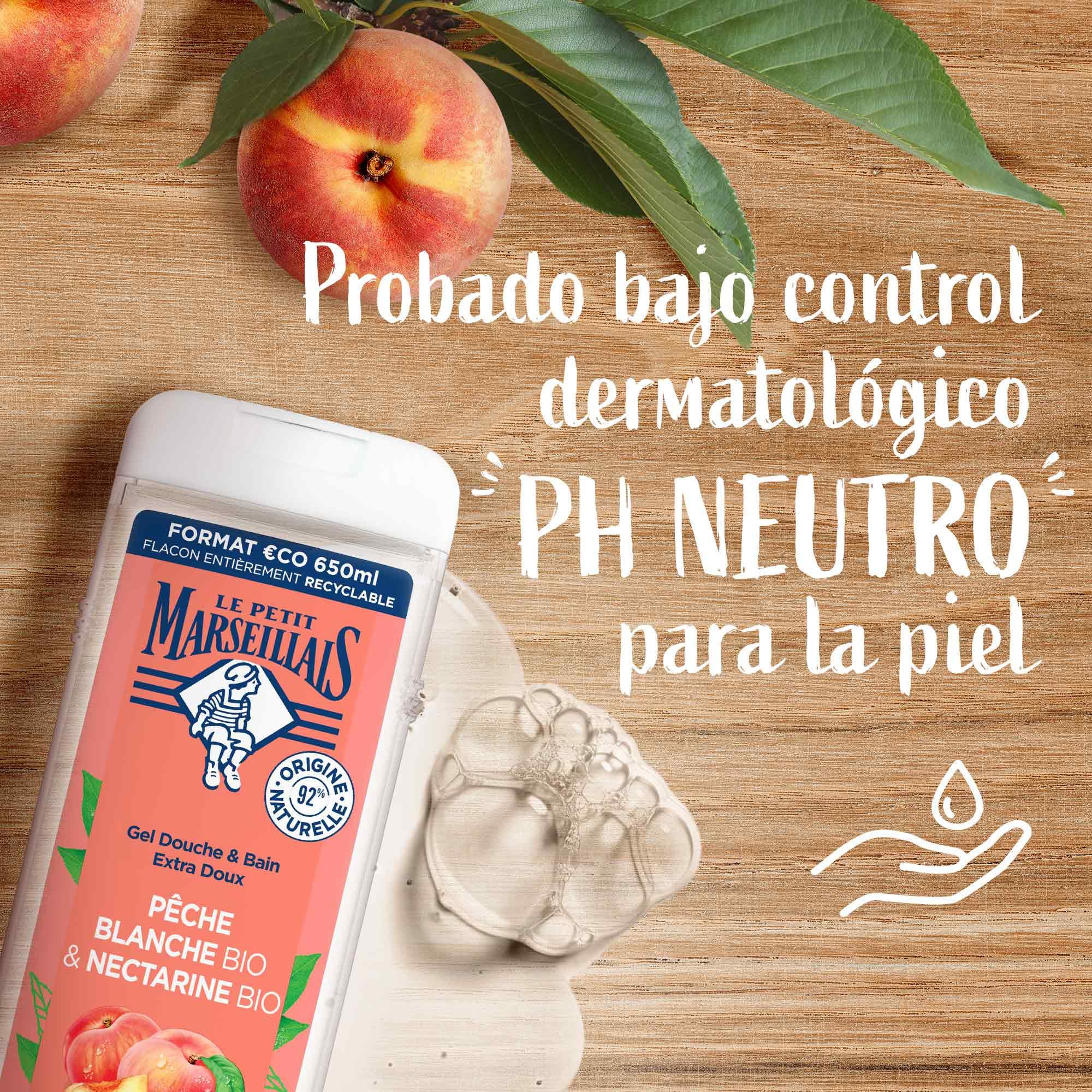 Le Petit Marseillais Gel de Ducha Corporal Extra Suave, Melocotón Blanco y Nectarina BIO, Hidrata y Refresca, para Piel Sensible, con Ingredientes Naturales y Envase Reciclable y Recargable, 650ml