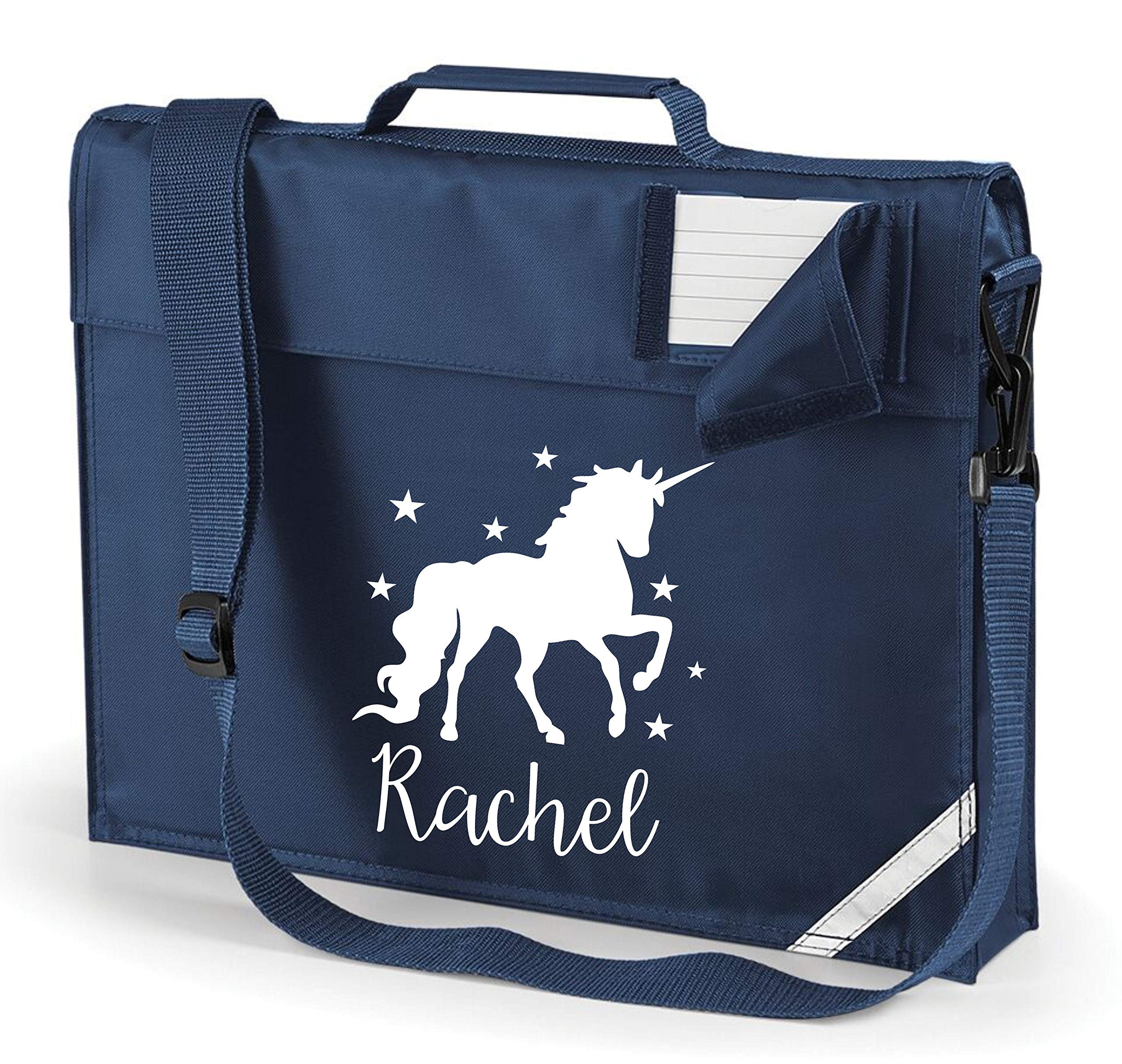 French Navy | Personalised | Book Bag | WITH STRAPS | Unicorn with Stars | White Print | (Goto Add Gift Options Enter name in FreeGiftMessageBox or send message to seller once purchased)