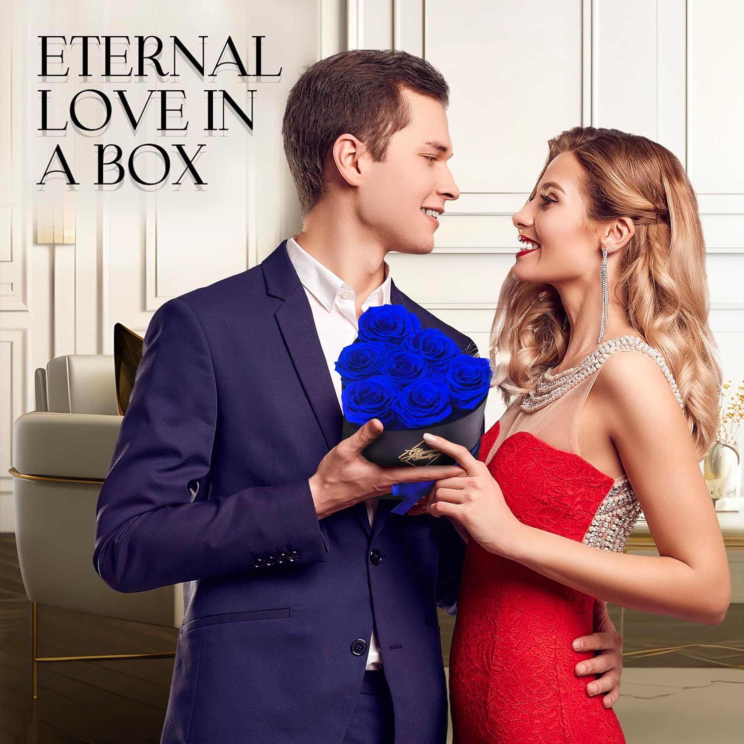 GLAMOUR BOUTIQUE 7 Flower Forever Heart Shape Box, Eternal Preserved Roses Gift for Her, Lasting Flowers, Petite Floral Heart Box for Birthday, Anniversary or Valentine’s Day, Blue (Color-Treated) - Image 2