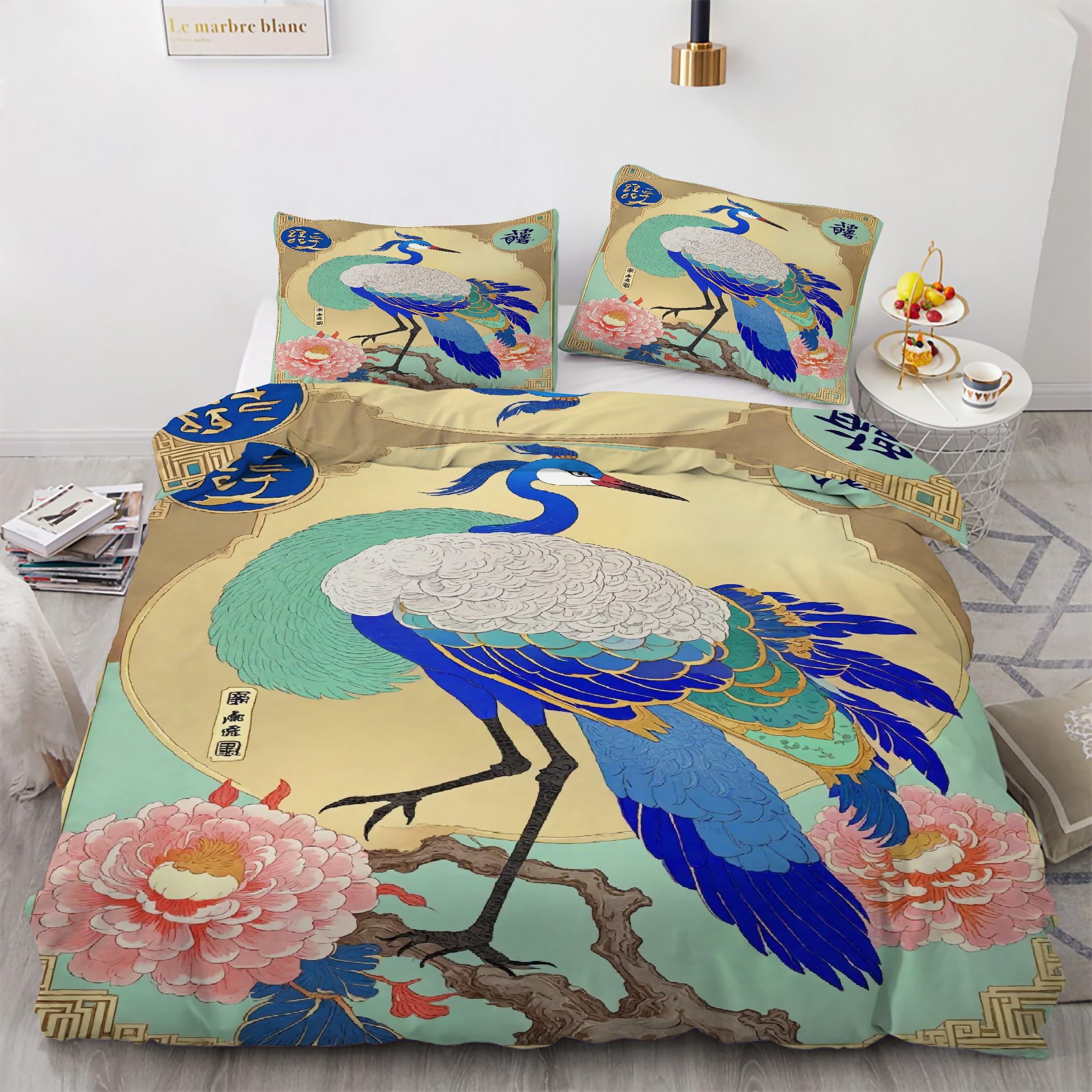 Housse de couette 240 x 260 grue parure de lit fleur de pivoine ensemble de literie 3 pièces