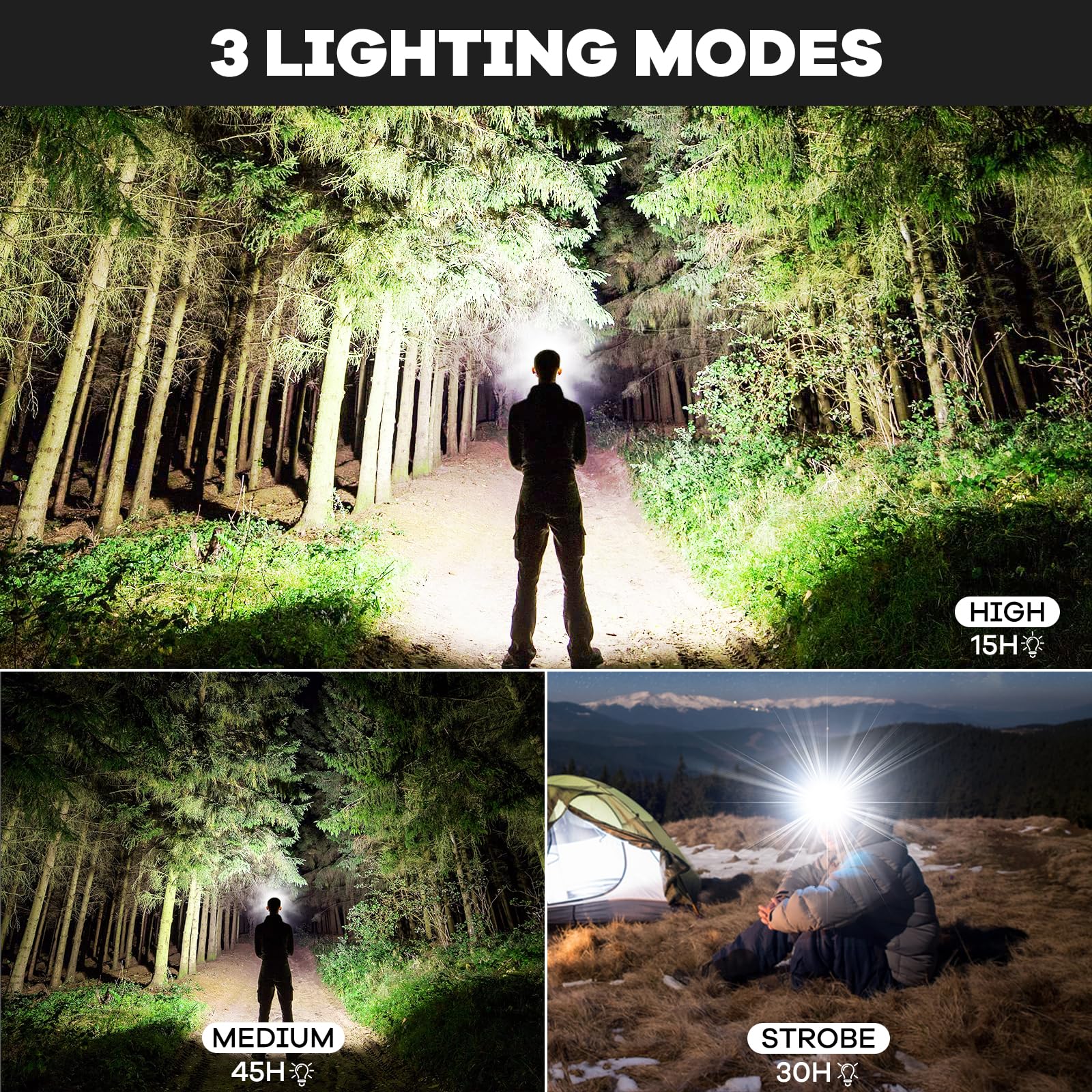 Linterna frontal LED recargable, 990000 lúmenes, lámpara de cabeza superbrillante con 3 modos y IPX7 impermeable USB para adultos, recargable, ajustable a 180°, adecuada para acampar al aire libre,