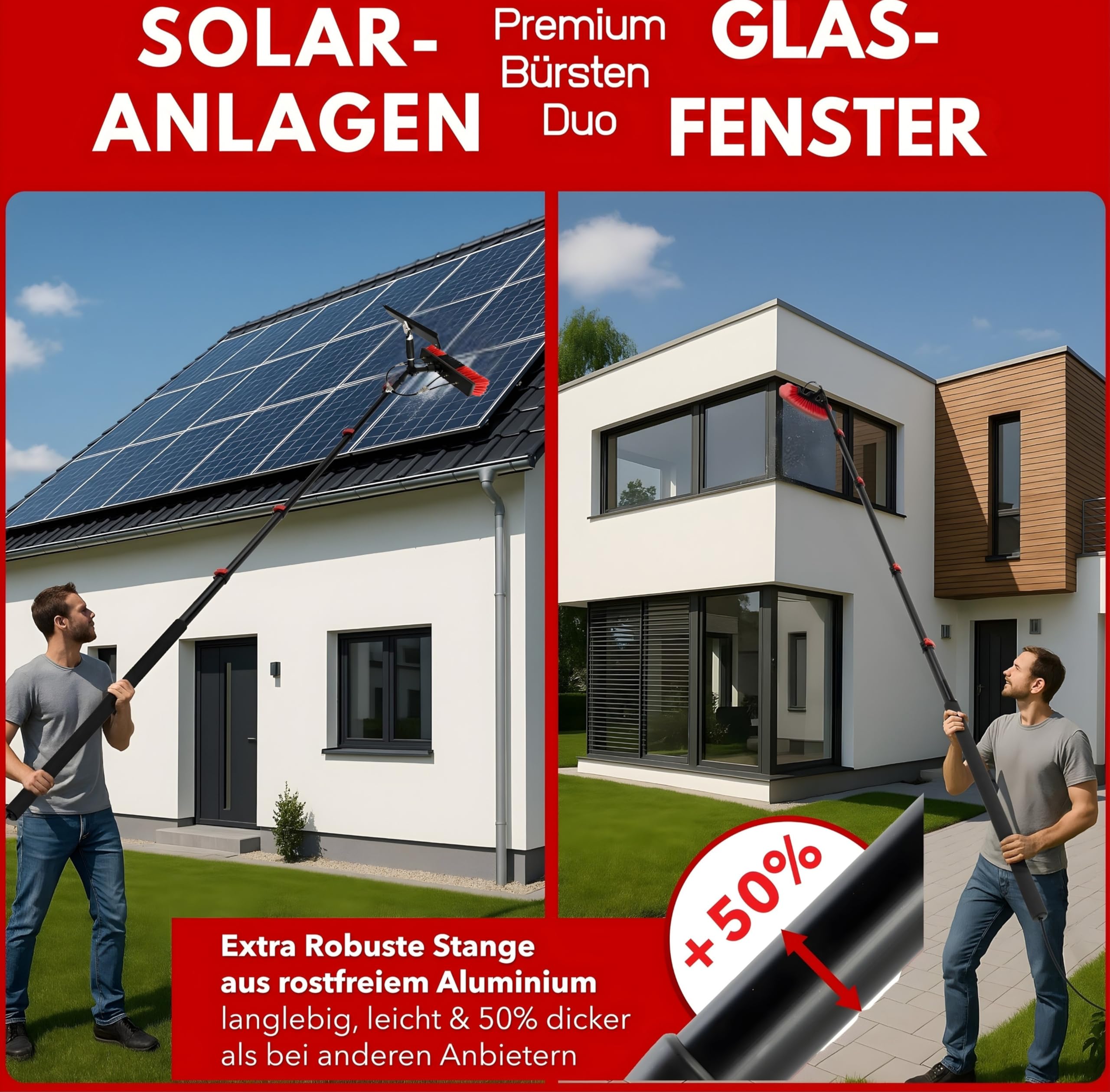 Glanzprofi Profi Teleskop Waschbürste 7,2m wasserführend – Perfekt für PV Anlage Reinigung & PV Reinigungsbürste – Teleskopbesen Solaranlage & Waschbürste mit Teleskopstiel