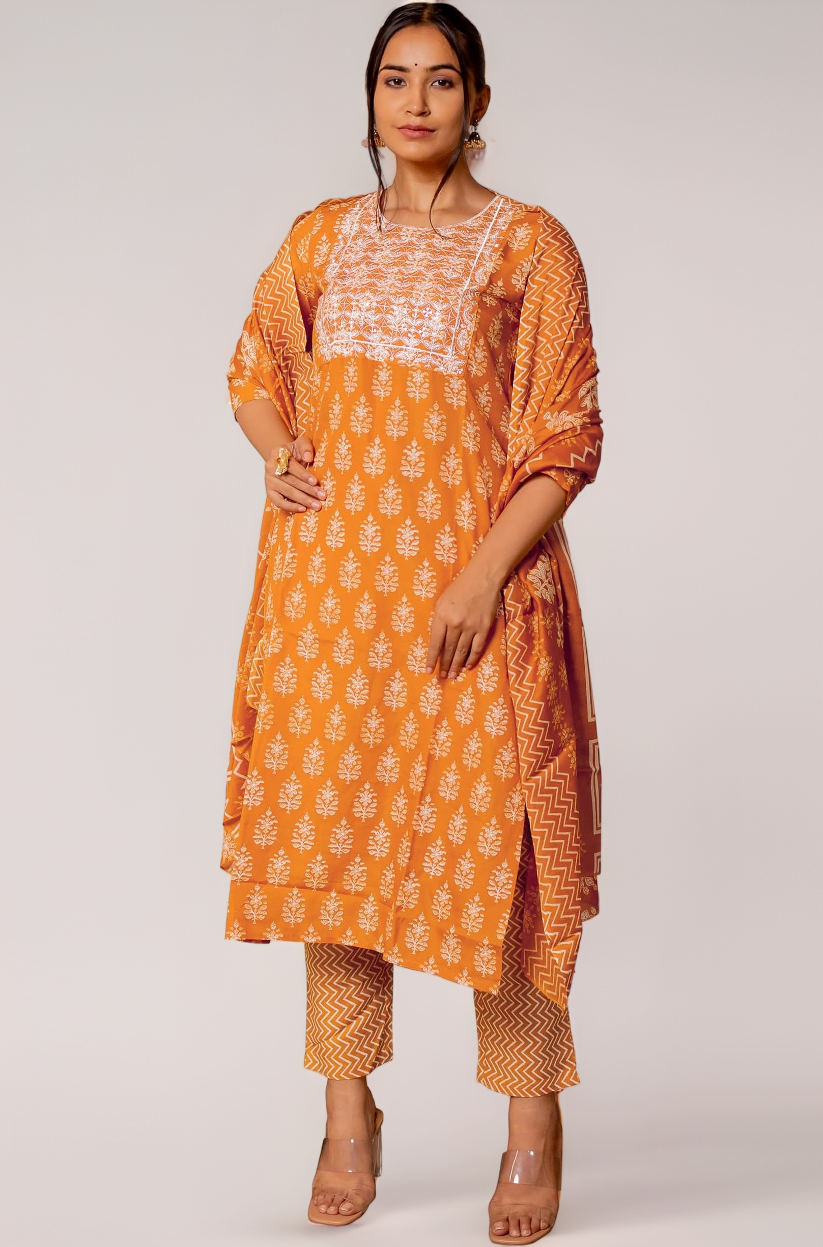 MIRCHI FASHION Women's Designer Straight Fit Cotton Printed and Embellished Kurta Set with Trouser Pant and Dupatta