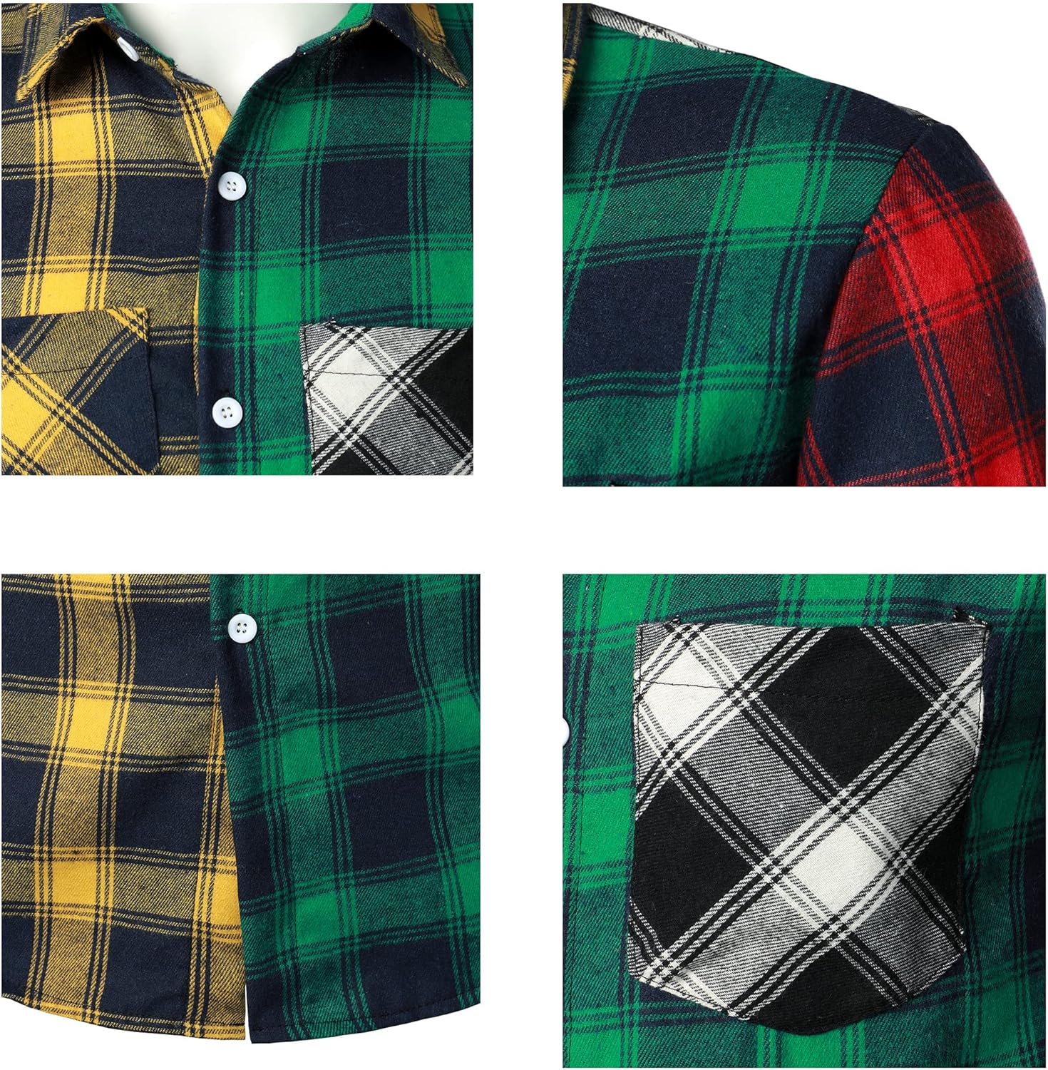 Men Women Color Block Plaid Shirt Patchwork Plaid Shirts Button Down Long Sleeve Casual Shirts - Image 3