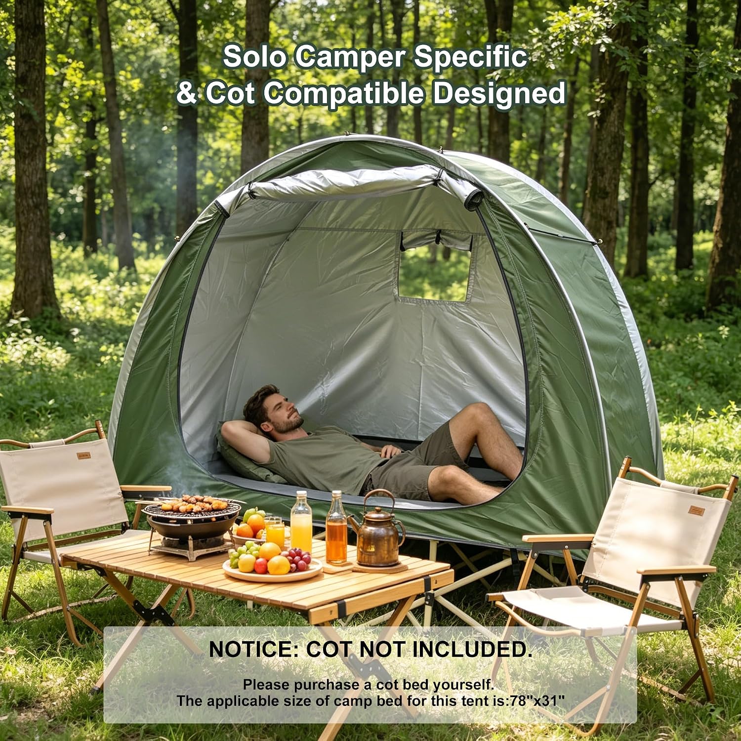 1 Person Solo Cot Tent (Bed Not Included), 210D Silver Fabric, Waterproof, Compact Portable Camping Shelter