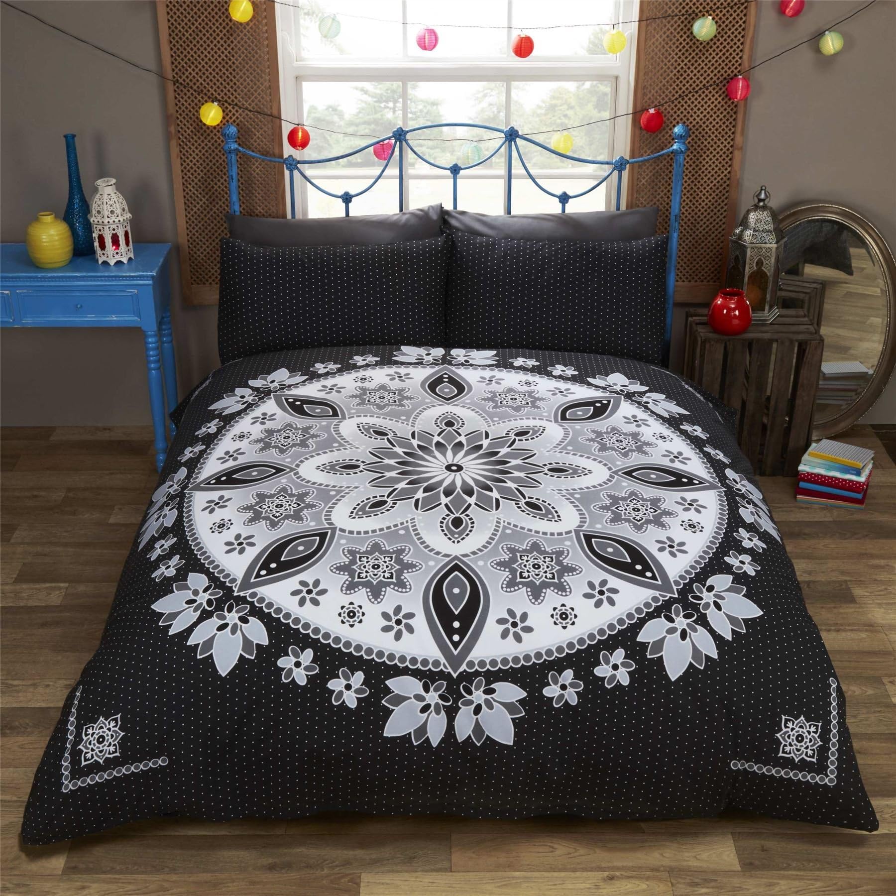Hallways Radical Floral Stencil Duvet Cover Set King Bed Size Black White Grey Ethnic Spiritual Exotic Hippie Bedding