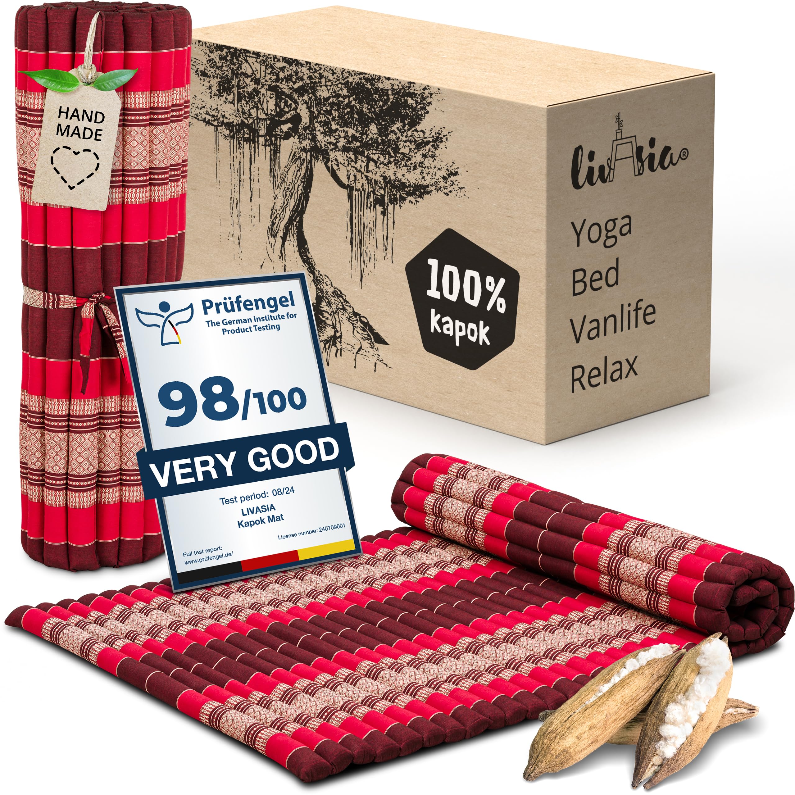 livasia roll-up mat roll-up mattress L wide comfortable - 79x43x1.8โณ - Guest bed/mattress for 1 person, Travel bed for the boot outdoors, Thai mat kapok garden balcony hand made (Ruby)
