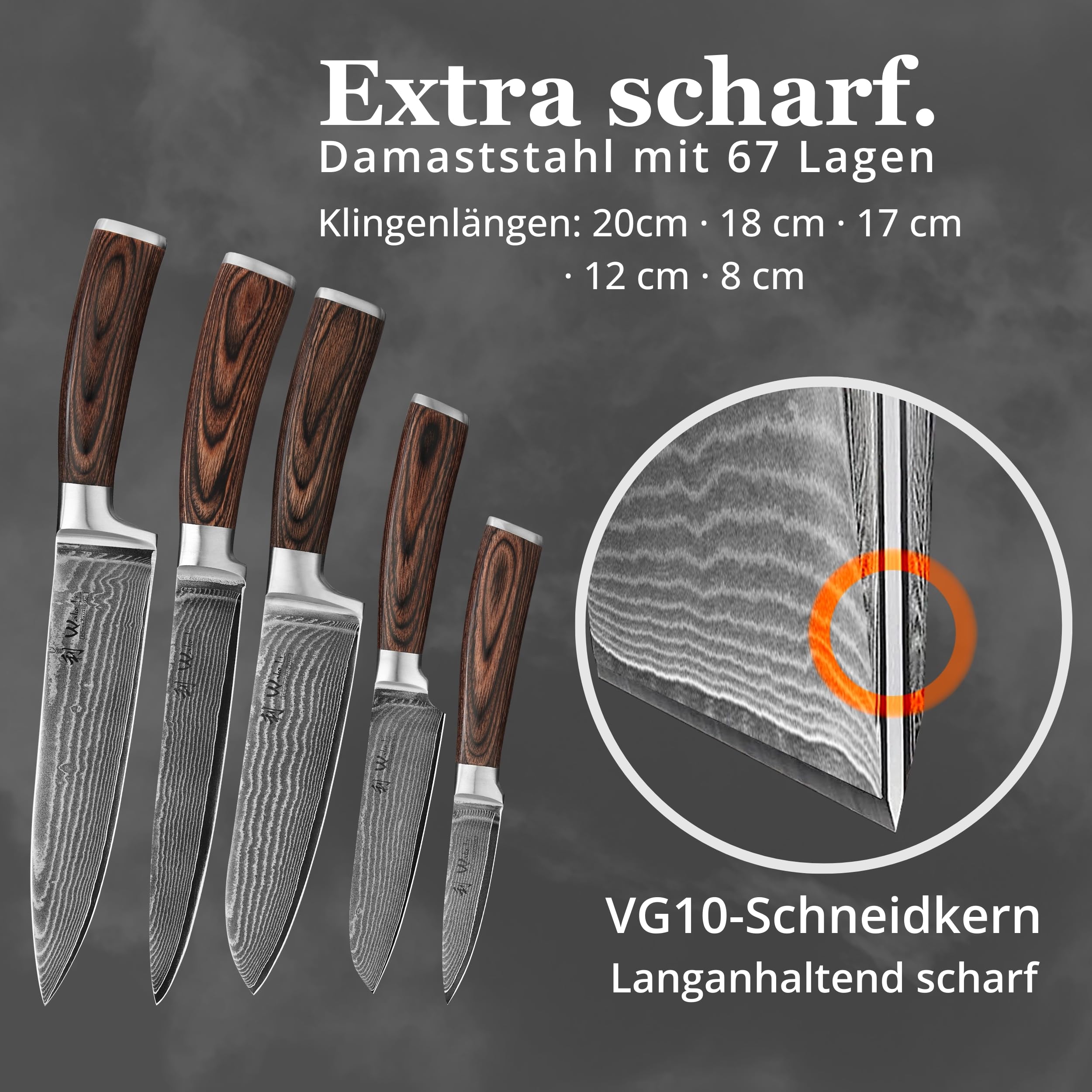 Wakoli EDIB Damastmesser Set (5-teilig) Küchenmesser Set aus 67 Lagen Damaststahl mit VG10-Kern, Pakkaholzgriffen, extrem scharfe Kochmesser, Chefmesser, Santoku, Fleischmesser, Gemüsemesser - Holzbox