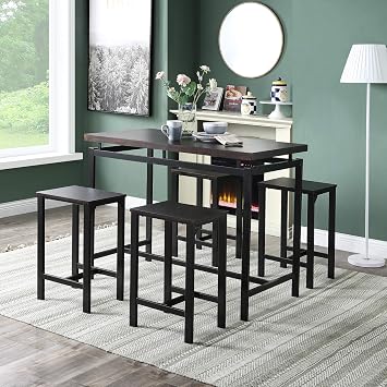 5 Piece Bar Table Set, Modern Counter Height Dining Table and Chairs Set for 4, Wood Kitchen Table and 4 Bar Stools for Small Spaces, Apartment, Pub, Dining Room Espresso