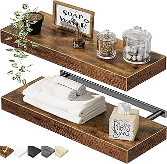 QEEIG Bathroom Floating Shelves for Wall - 15.7" Wall Mounted Shelf Over Toilet Farmhouse Home Decor Display Bookshelf Small 15.7 x 6.7 inch Set of 2, Rustic Brown (008-40BN)