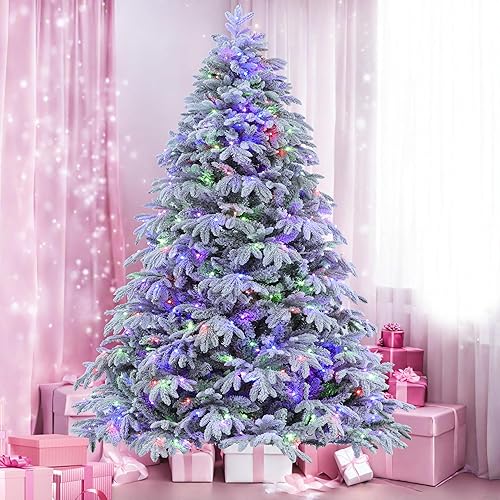 Miniatura 4 de ELONG HOME Árbol de Navidad flocado, árbol artificial preiluminado de 7.5 pies, árbol de Navidad realista de 1700 puntas con soporte de metal