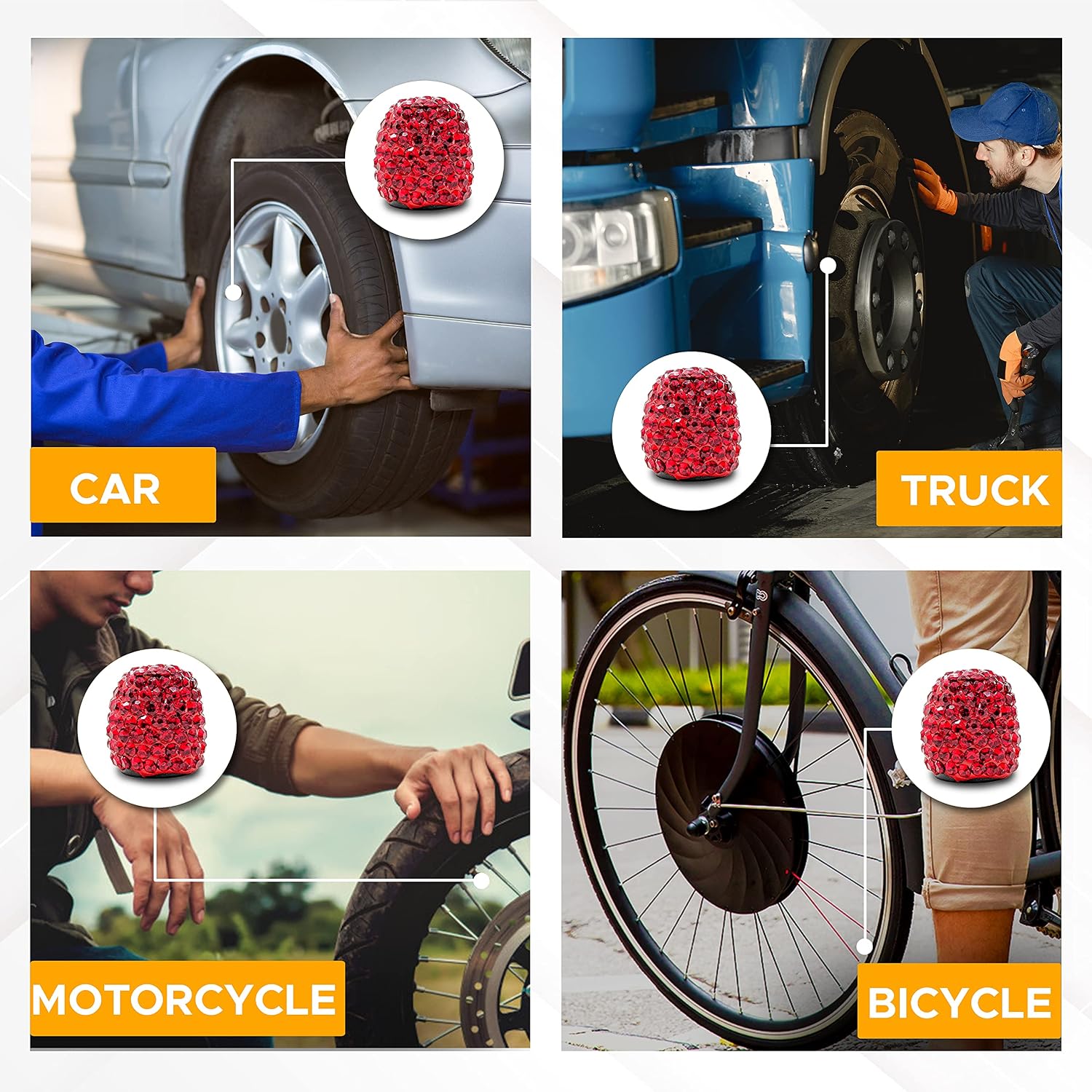 EcoNour Bling Tire Valve Stem Caps (4 Pack) | Sparkling Red Crystals | Attractive Rhinestone Tire Valve Caps | Stem Air Caps Cover | Universal Tire Caps Bling for Cars, Trucks, Motorbikes, & Bicycles