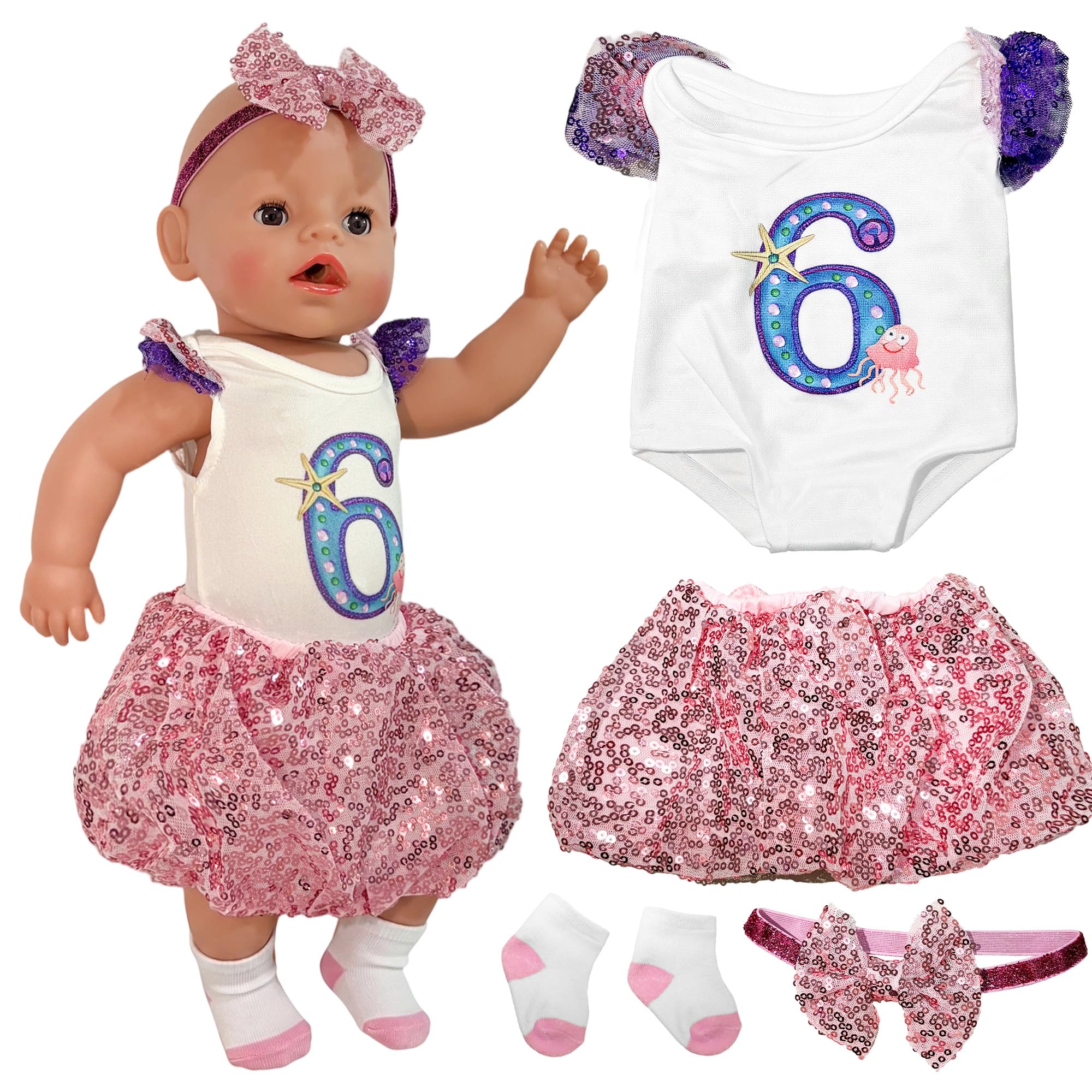 4 Pcs Pink Dolls Clothes Compatible with New Born Baby 35-45 cm Doll, Numbered Pattern Baby Doll Clothes with Short-sleeved Tutu Dress Hairband Socks, Doll Clothes Outfits for 14-17 Inch Doll