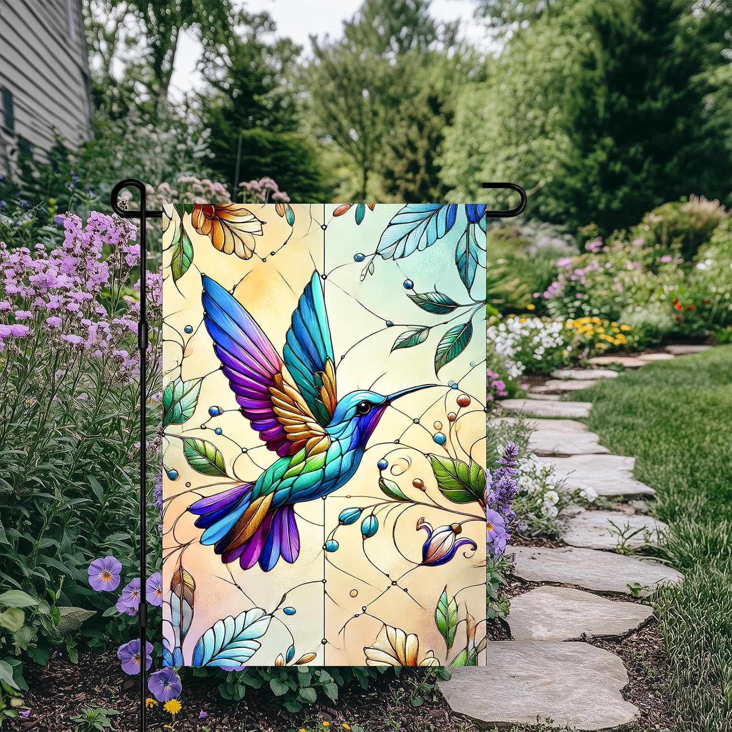Spring Garden Flag Hummingbird Garden Flag Double Sided 12x18 Inch Welcome Spring Hummingbird Retro Glass Style Small Garden Flags Vertical Outdoor Indoor Yard Lawn Garden Decor - Image 6
