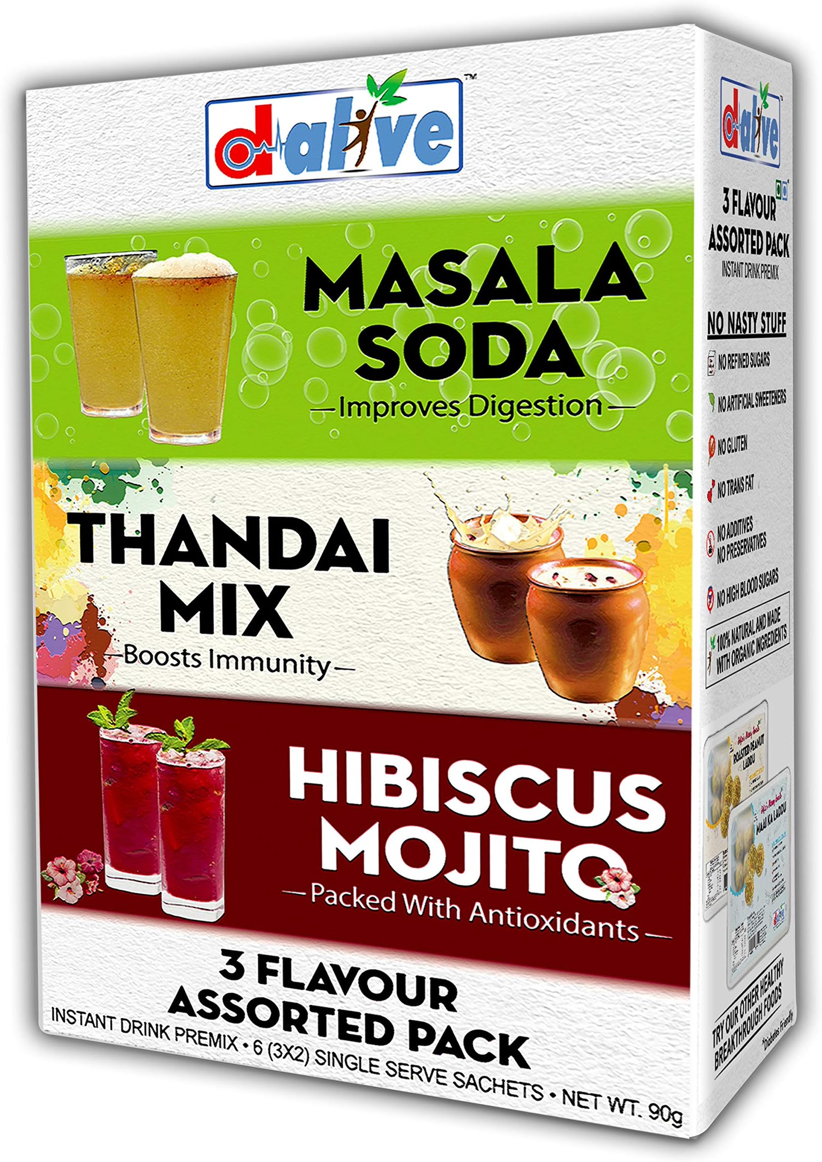 d alive 3 Flavour Assorted Pack Thandai Mix, Masala Soda, Hibiscus Mojito Instant Drink Premix, 90 g -6 Servings Per Container
