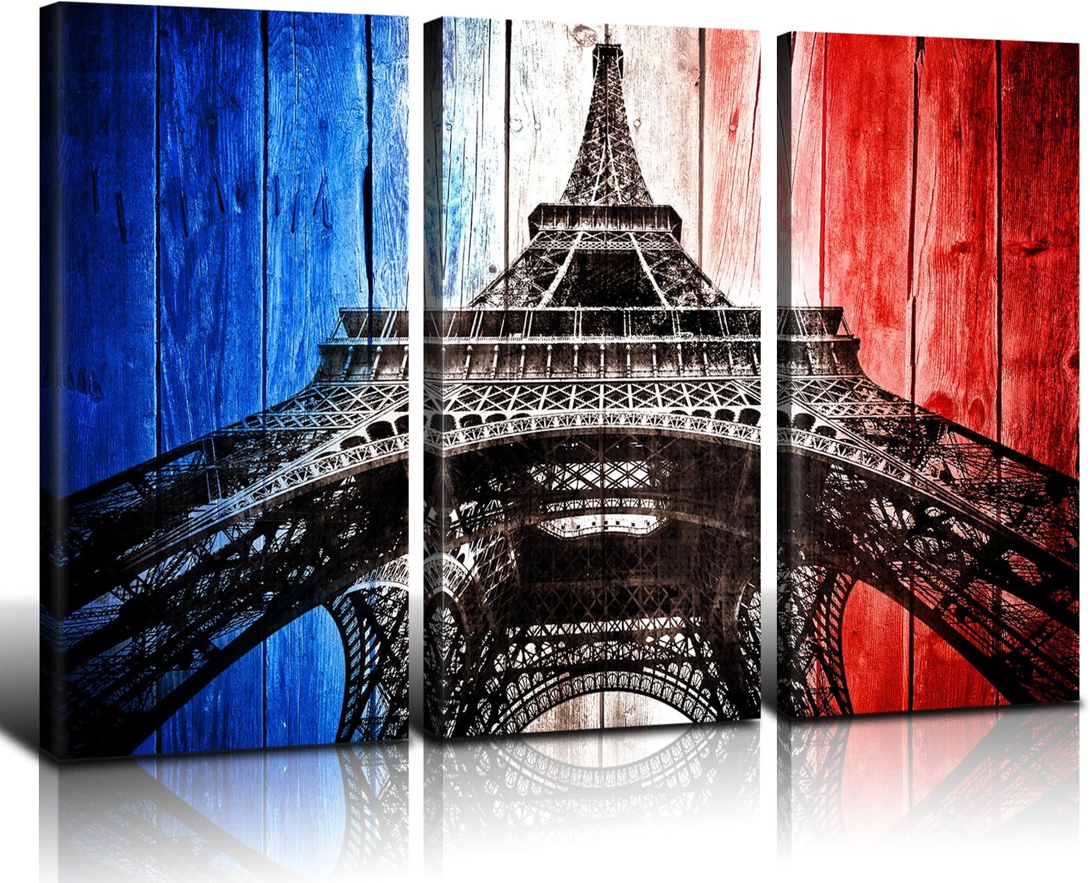 Black & White Eiffel Tower Canvas Prints Wall Art Home Decor Pictures Photo France Paris Landmarks Buildings Wood Grain Flag Background Modern Artwork Giclee Painting Decoration 3 Piece 16 x 32" Panel