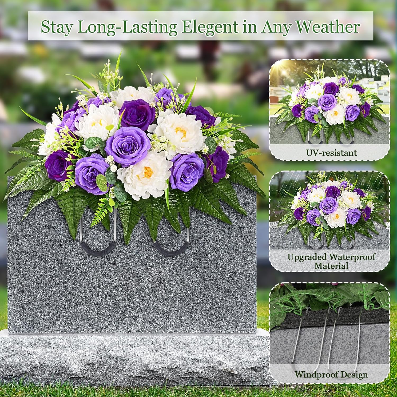 Yastouay Headstone Flower Saddle, Artificial Cemetery Flowers for Grave, Realistic Memorial Day Flowers with Peony Rose, UV Resistant Grave Decorations for Cemetery, Easter Mother’s Day (Purple)