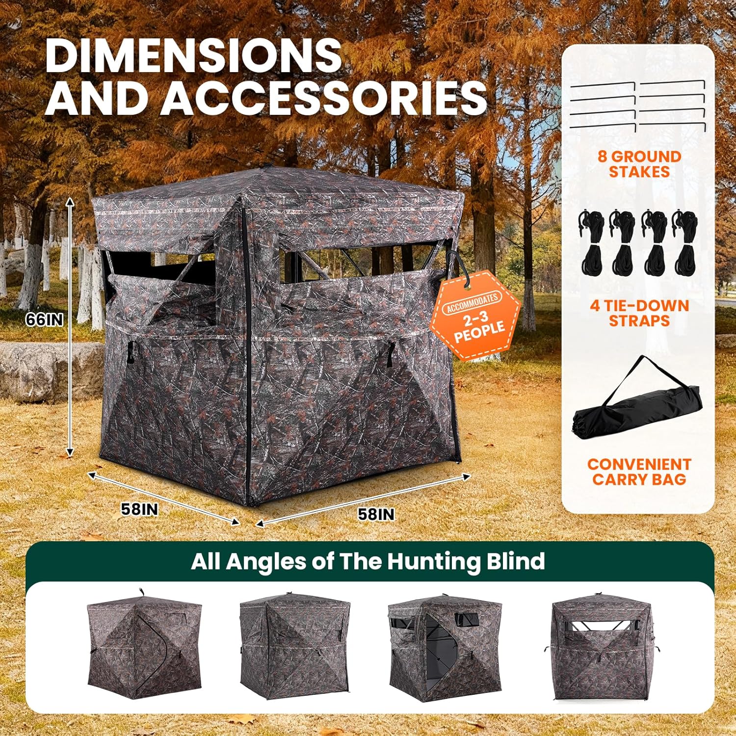 Hunting Blind with Floor Mat,2-3 Person Pop Up Deer Blind for Hunting with Carrying Bag,Portable Camouflage Concealed Ground Blind for Deer&Turkey Hunting