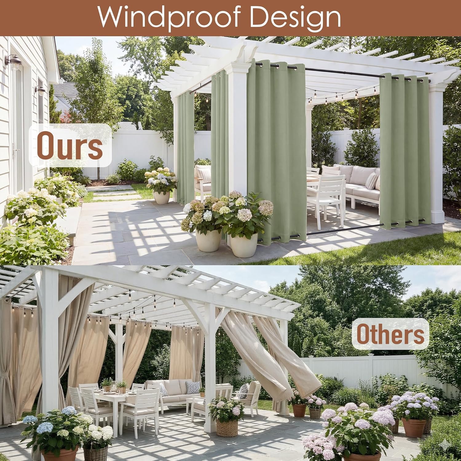 RYB HOME Outdoor Curtains 2 Panels, Waterproof Windproof Blackout Curtains for Patio Porch Garage Gazebo Universal Replacement Sidewall Curtains, Sage Green, W 52 x L 84 per Panel