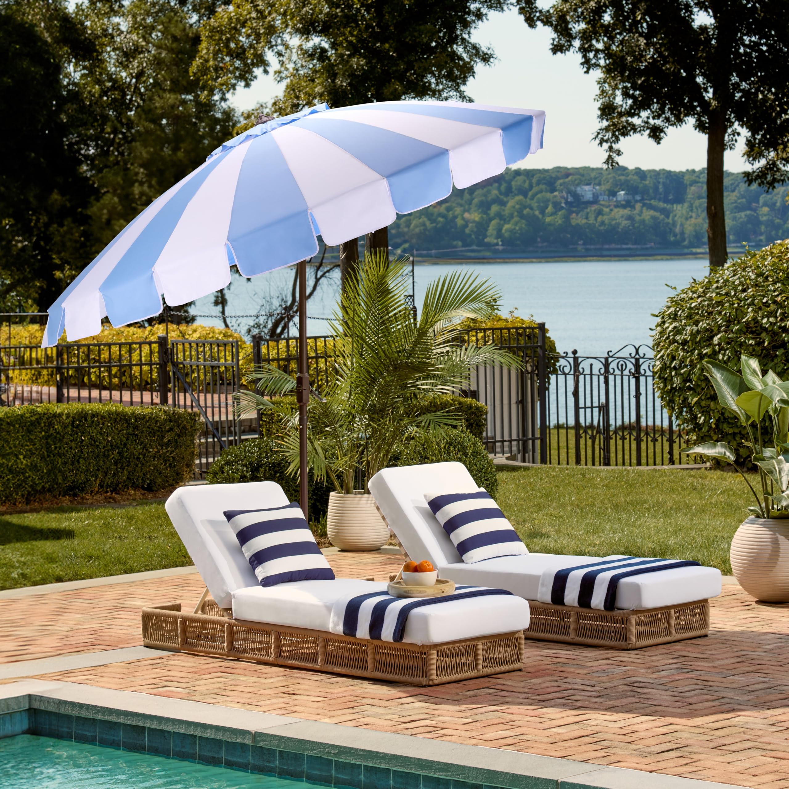 SAFAVIEH Outdoor Patio Furniture Collection – Buti 9 Ft Crank Patio Umbrella, Baby Blue Stripe & Brown Pole, Market Umbrella with Crank Lift (PAT8017U) : Patio, Lawn & Garden