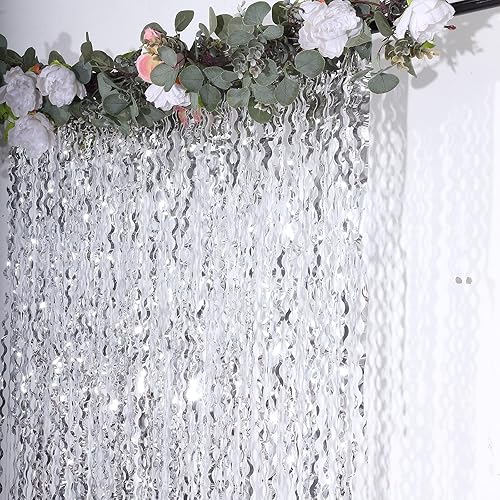Miniatura 2 de Efavormart - Telón de fondo ondulado de oropel plateado metálico para fiesta, cortina de cabina de fotos con flecos de papel de aluminio rizado, 3 x