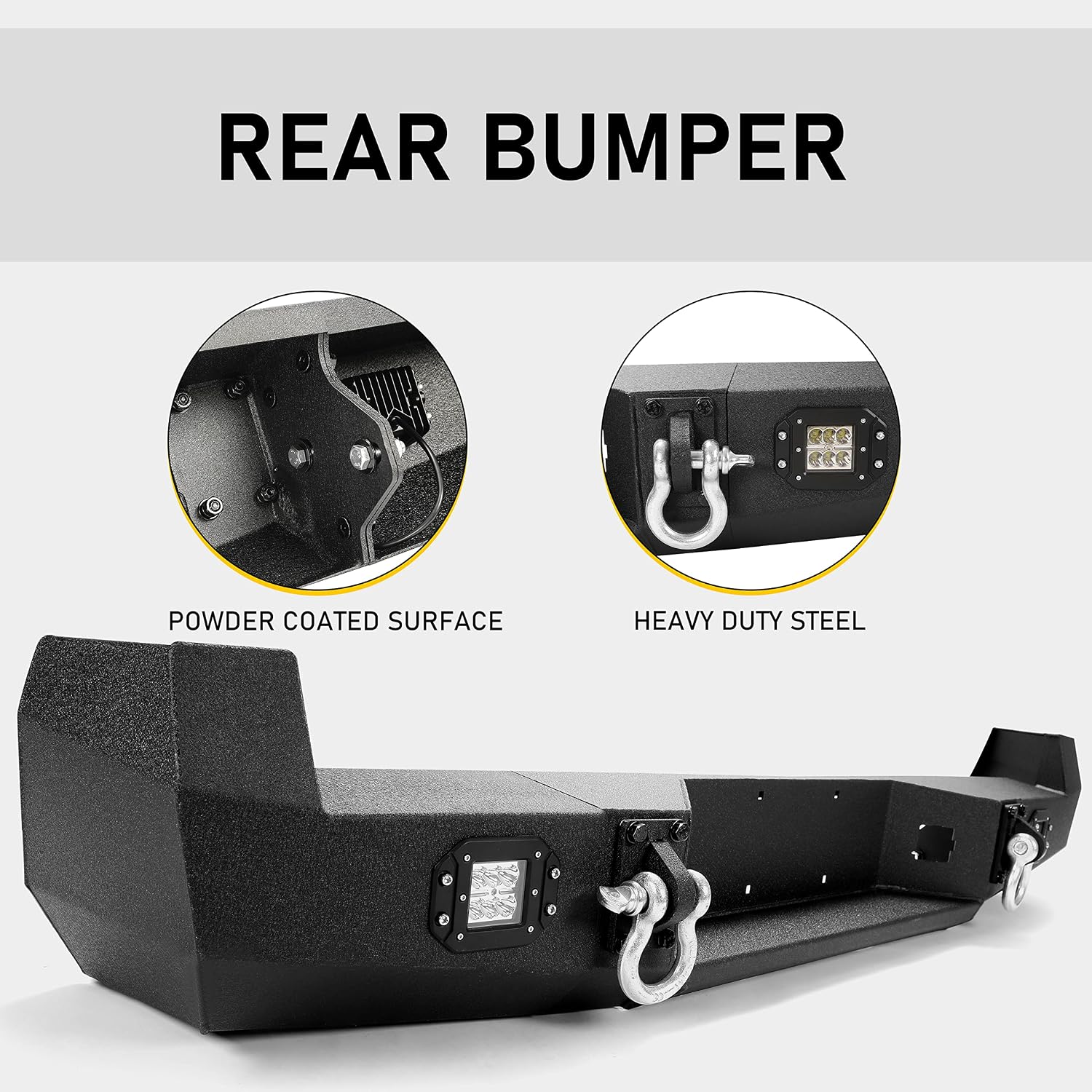KUAFU Rear Bumper Compatible with 2005-2015 Toyota Tacoma w/ 18W Led Lights License Plate D-Rings Step Bumper Steel Powder Coated Black