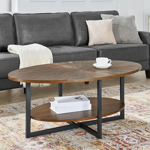Oval Coffee Table with Storage Shelf, 43.3 Farmhouse Sofa Center Table with Umbrella Shaped Top, Solid Wood Living Room Cocktail Table for Office, Easy Assembly, Rustic Brown KFZ1811NC