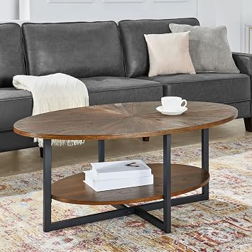 Oval Coffee Table with Storage Shelf, 43.3 Farmhouse Sofa Center Table with Umbrella Shaped Top, Solid Wood Living Room Cocktail Table for Office, Easy Assembly, Rustic Brown KFZ1811NC