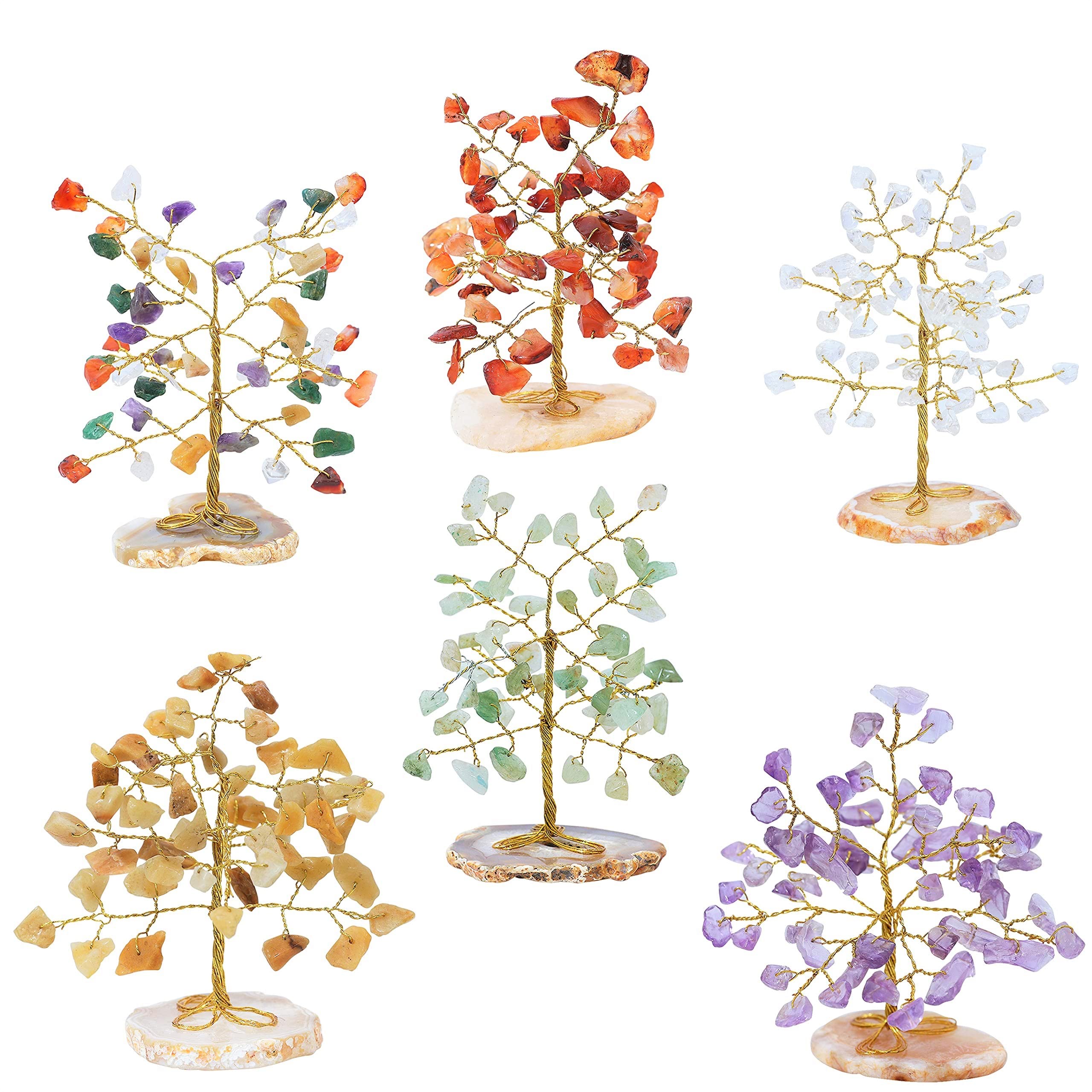 Chakra Tree of Life - Geode Agate Slice Base Feng Shui Decor, Crystal Tree for Positive Energy - Gemstone, Money Bonsai, Attract Good Luck, Prosperity Healing Stones, Spiritual Gift (Set of 6)
