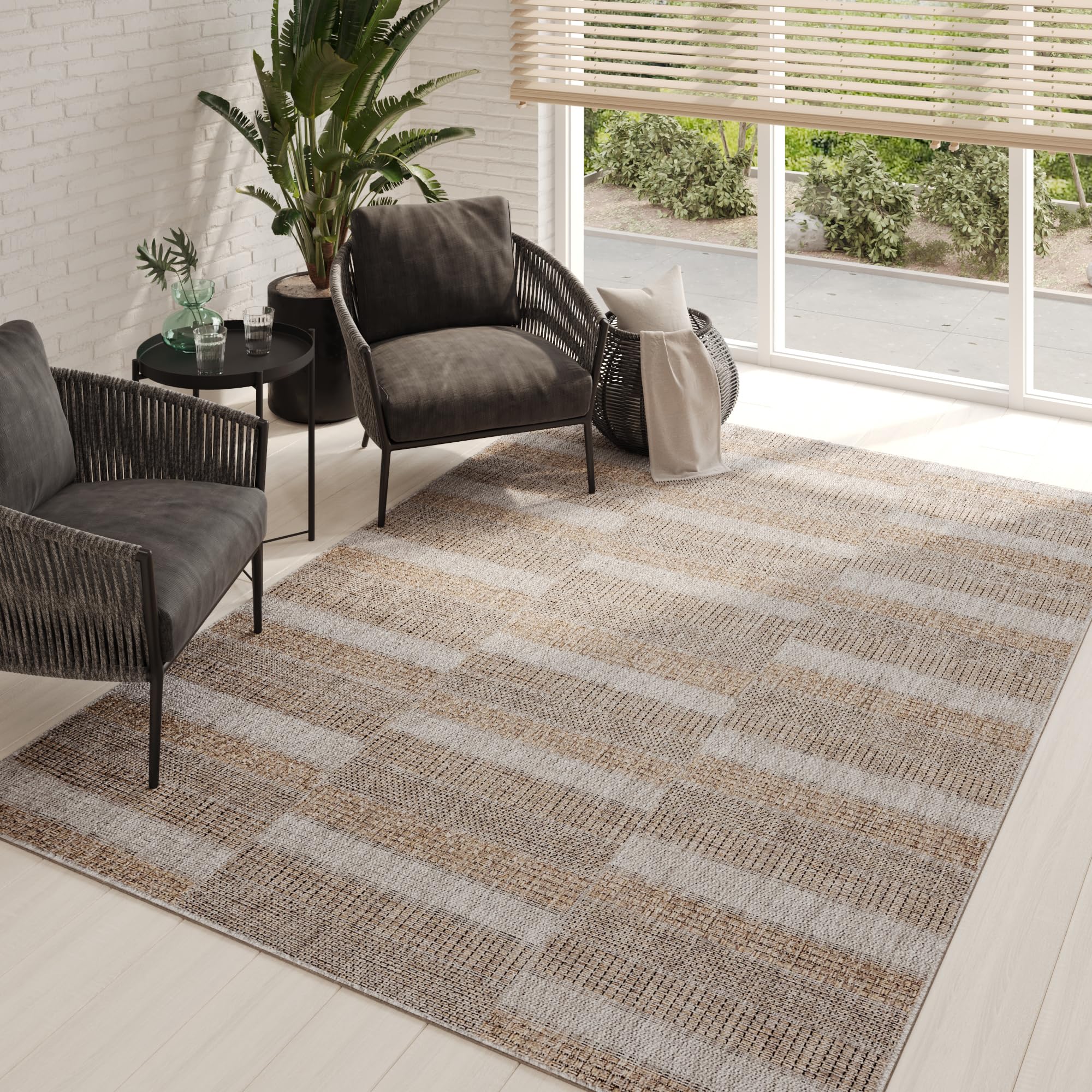 TAPISO Melissa Alfombra Exterior Interior Pelo Corto Resistente Moderna Tonos de Gris Marrón Alfombra de Cocina Salón Terraza Habitación Balcón Dormitorio Oeko-Tex 80 x 150 cm