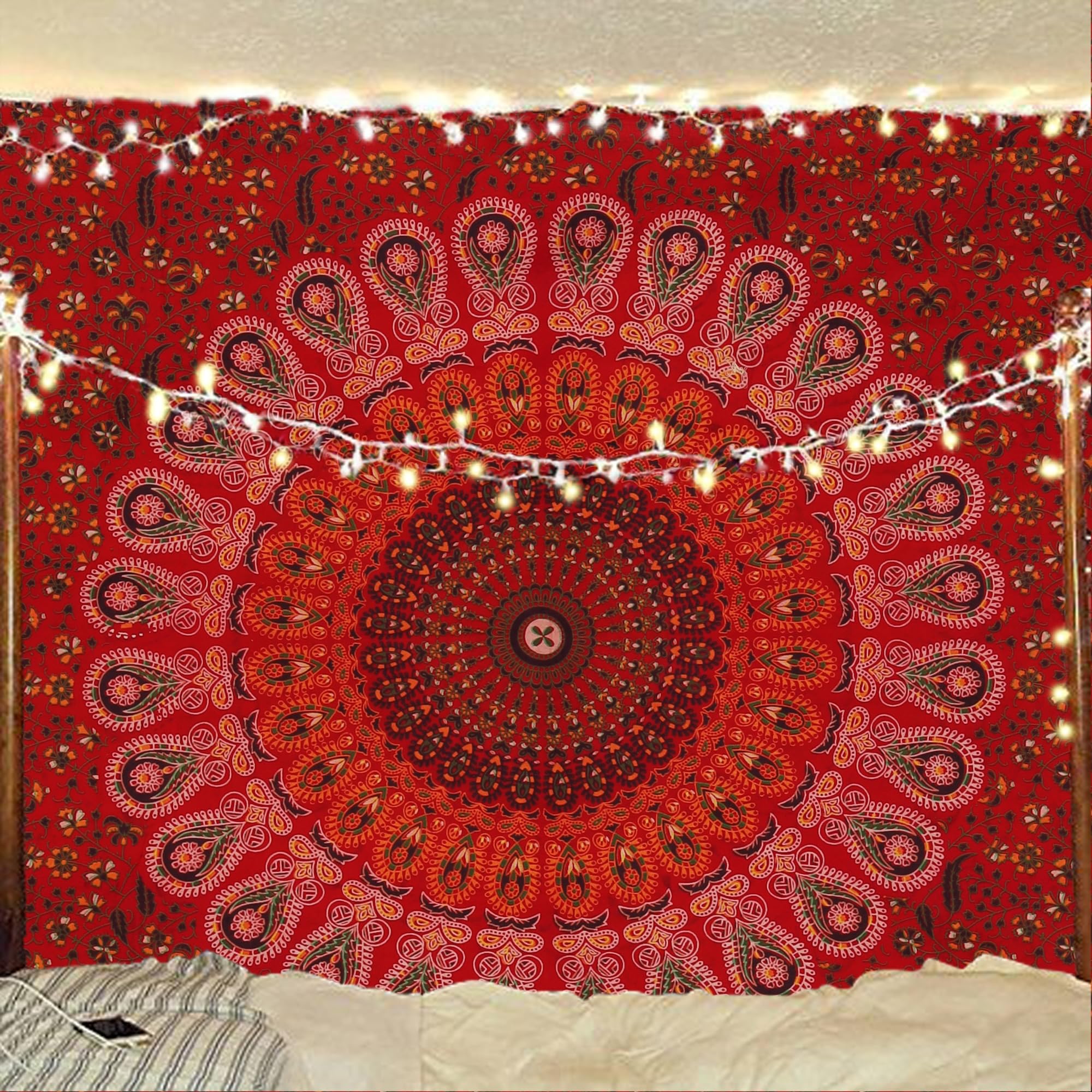 Bless International Handmade Indian hippie Bohemian Psychedelic Peacock Mandala Wall hanging College Dorm Beach Throws Table Cloth Bedding Tapestry (Golden Red, Poster(30x40Inches)(76x101cms)) — image 1