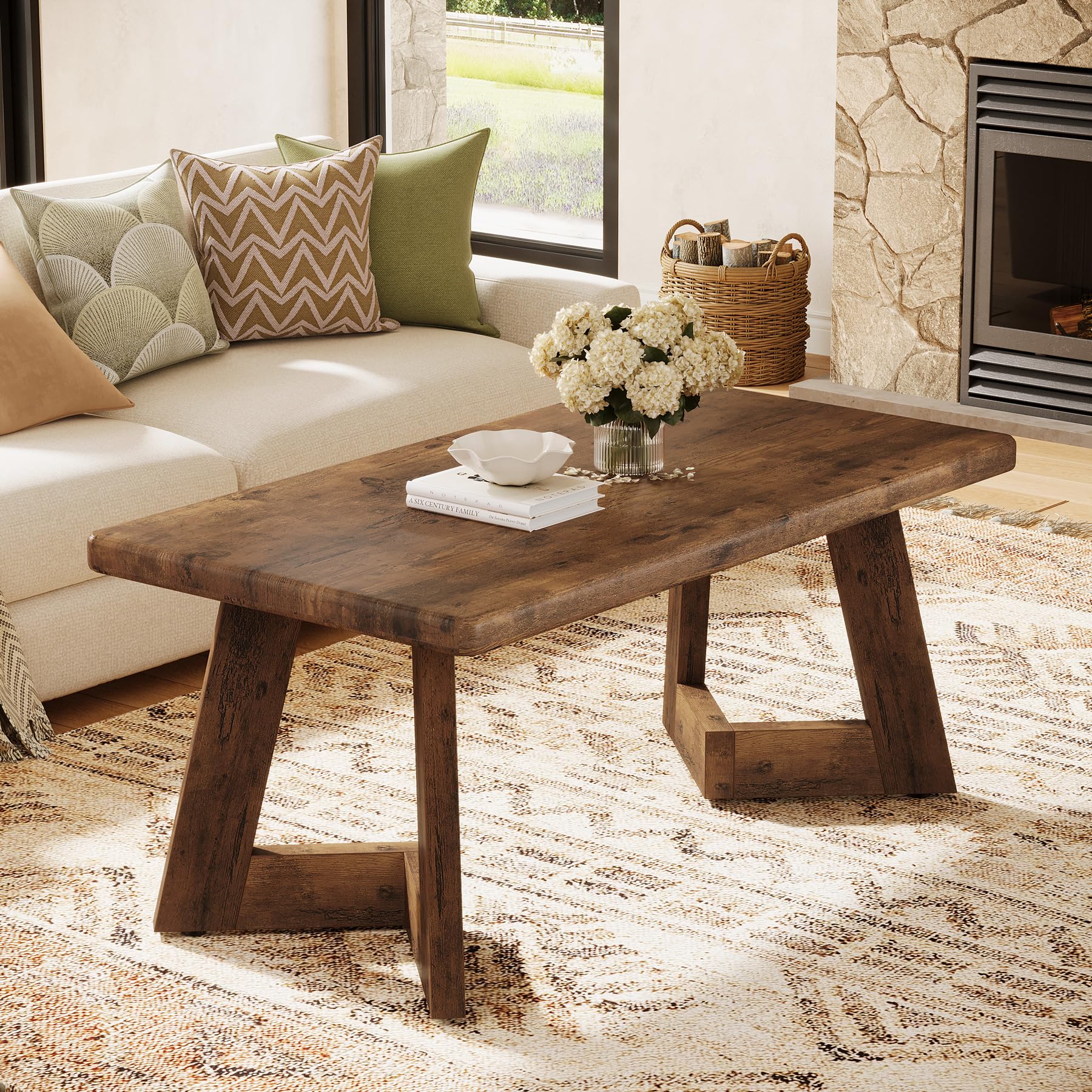 Tribesigns Tavolino da Salotto, Tavolino da Caffè in Stile Country con Gambe a V, 120 x 60 cm Tavolo da Divano Rettangolare per Soggiorno, Facile da Montare, Marrone Rustico