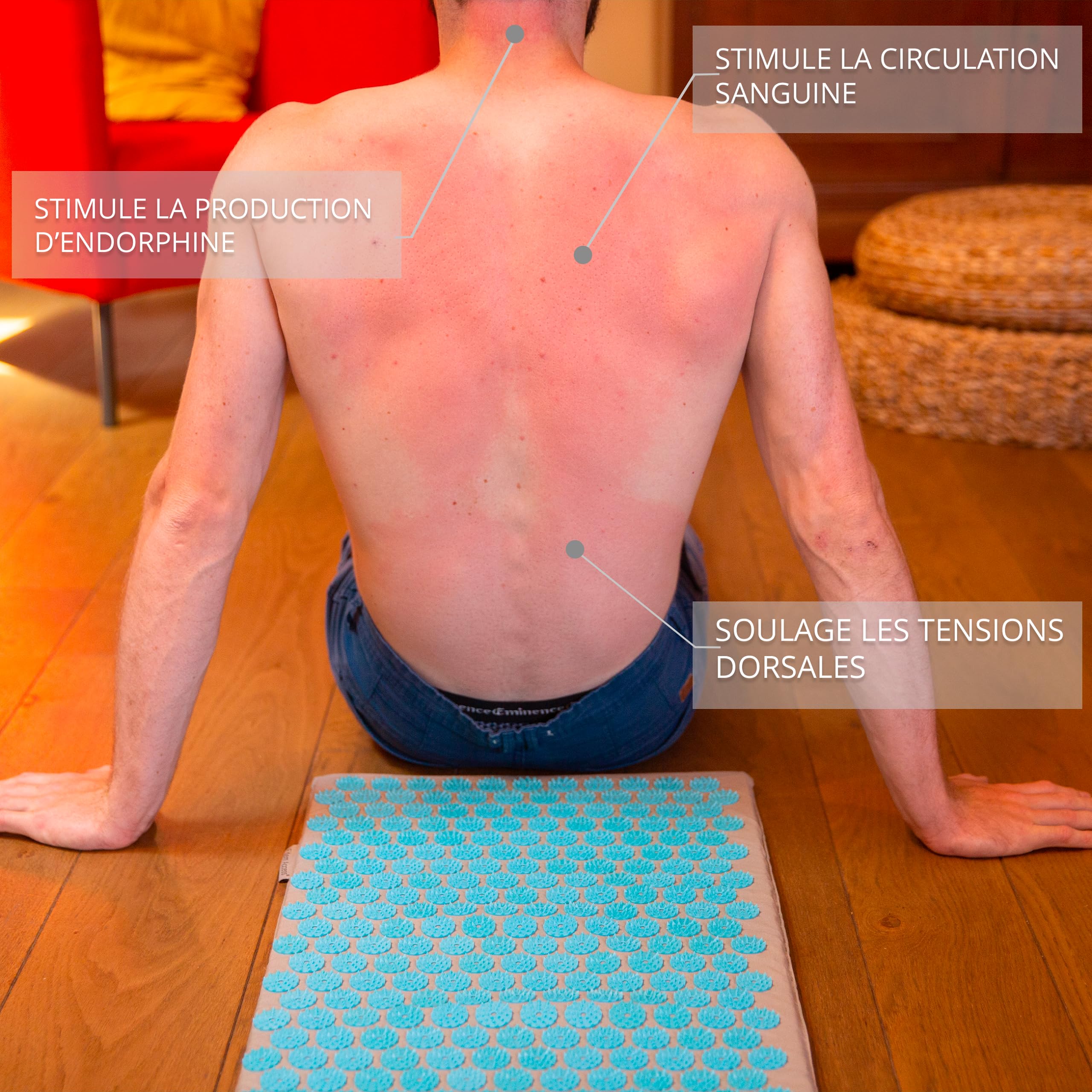 Kit d'acupression XL Fitem - Tapis d'Acupression - Coussin - Boule de Massage - Soulage douleurs Dos et Cou - Sciatique - Massage dos - Relaxation Musculaire - anti stress. (Bleu-Orange)