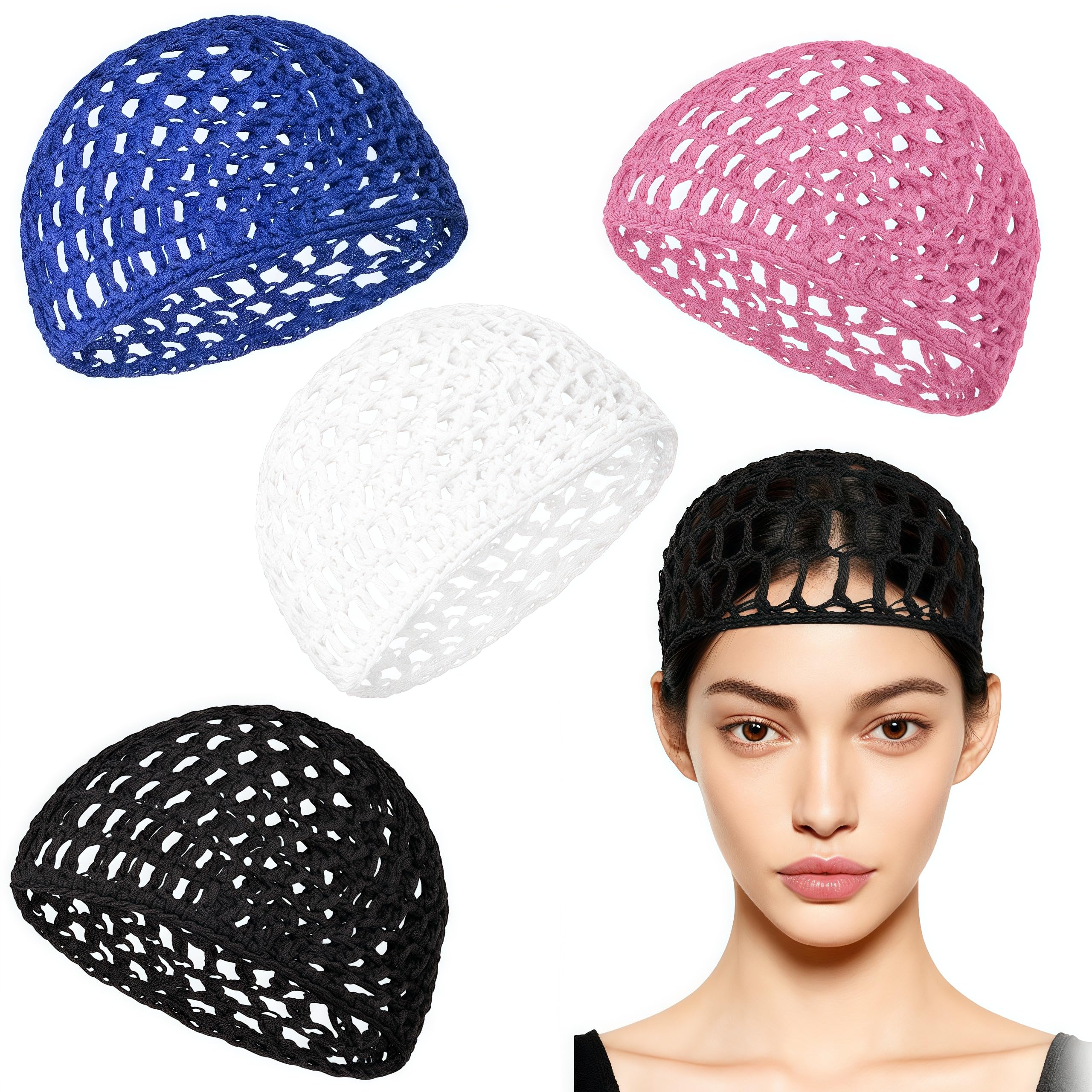 4 PCS Hair Nets for Sleeping, Crochet Hair Wrap Net with Lift Strap, Silk Press Sleep Mesh Cap for Women, Reusable Mesh Bonnet for Curly, Straight Hair & Wig Protection (Black, White, Blue, Pink)
