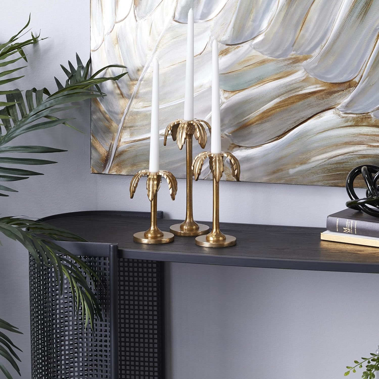 Gold Aluminum Palm Tree Taper Candle Holders Set of 3