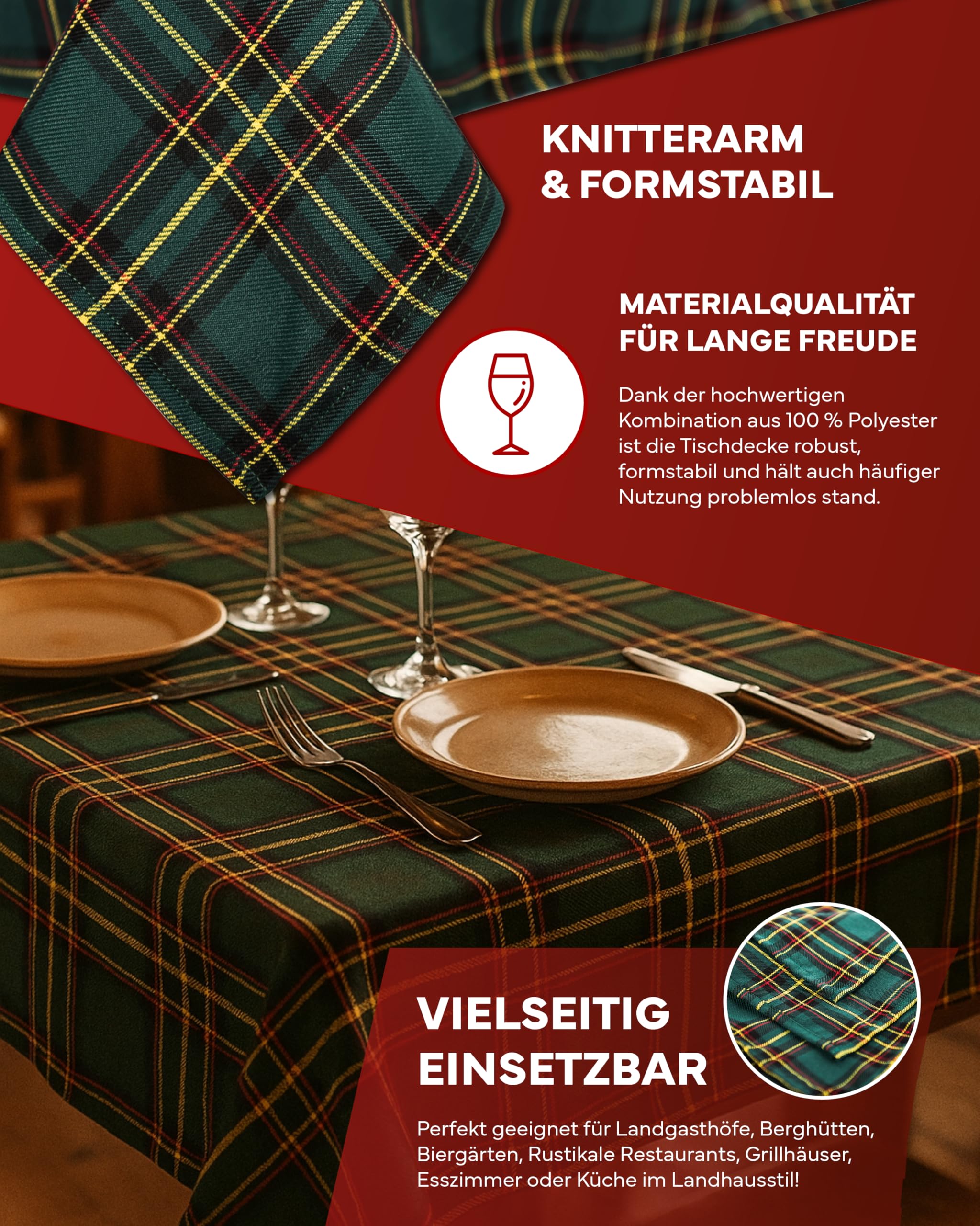 Tischdecke 130 x 170 cm Schottenkaro grün Tartan kariert 100% Polyester Weihnachten
