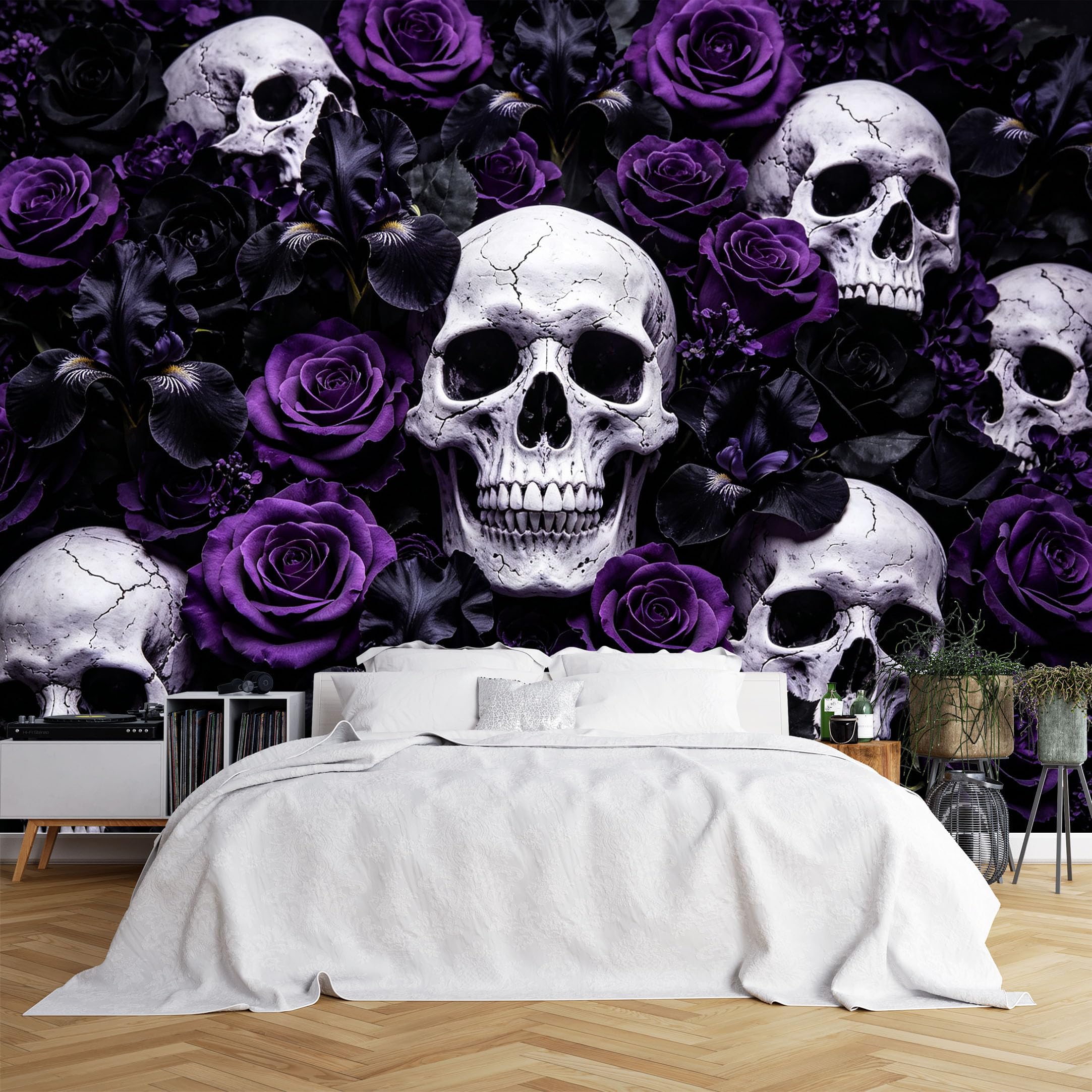 Lcythiazole Ch260615104 Custom Size Wall Murals Purple Rose Skull Dark Gothic Art Wall Murals Vivid Wallpaper Wall Covering Fabric Self-Adhesive Removable Wallpaper For Game Room