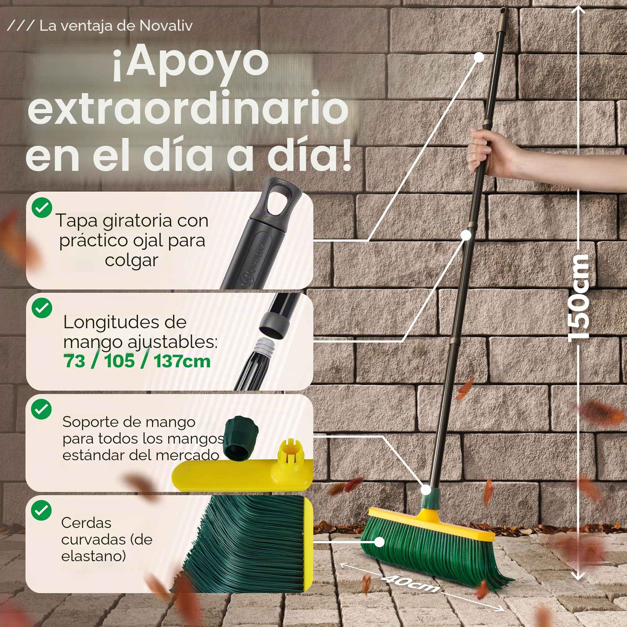 Novaliv Premium con Mango de 40 cm, Escoba de Cerdas Curvas, Cabezal de Plástico para Jardín, Césped Artificial y Camping - Rascadora Especial