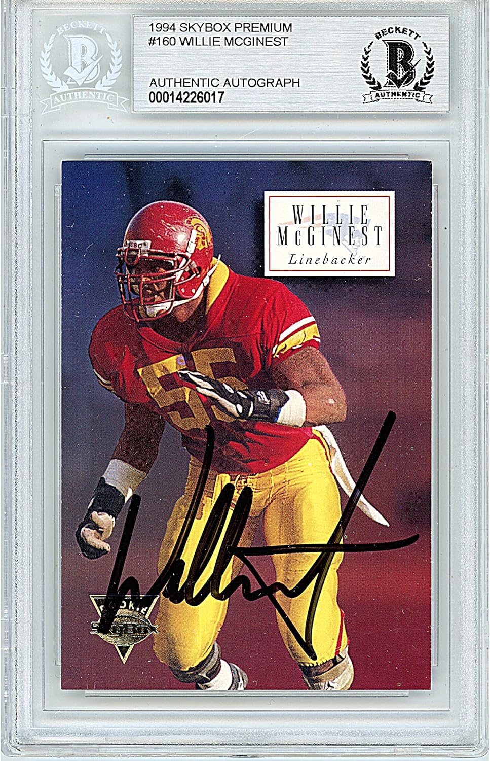 Willie McGinest Autographed 1994 Skybox Premium #160 Football Trading Card Slab Beckett BAS Authentic Slabbed COA Played For New England Patriots USC Trojans