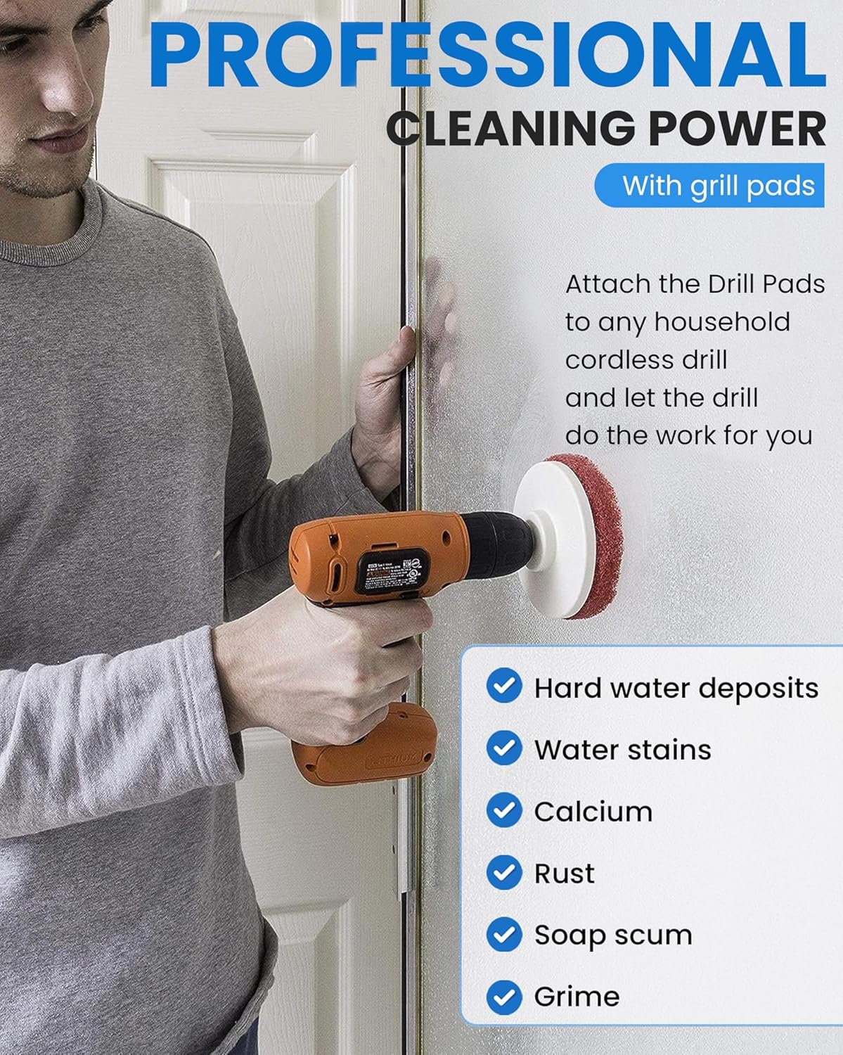Bring It On Cleaner Hard Water Stain Remover 16 oz | Glass, Soap Scum Remover for Shower Glass, Fiberglass, Windows, Tile and Grout Cleaner, and Includes Scrubbing Drill Pads
