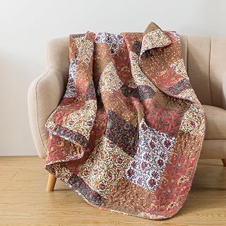 SLPR Red Riches 50x60 Quilted Throw Blanket - Rust Red Floral Fall Patchwork for Couch, Bed, Autumn Cozy Lap Quilt