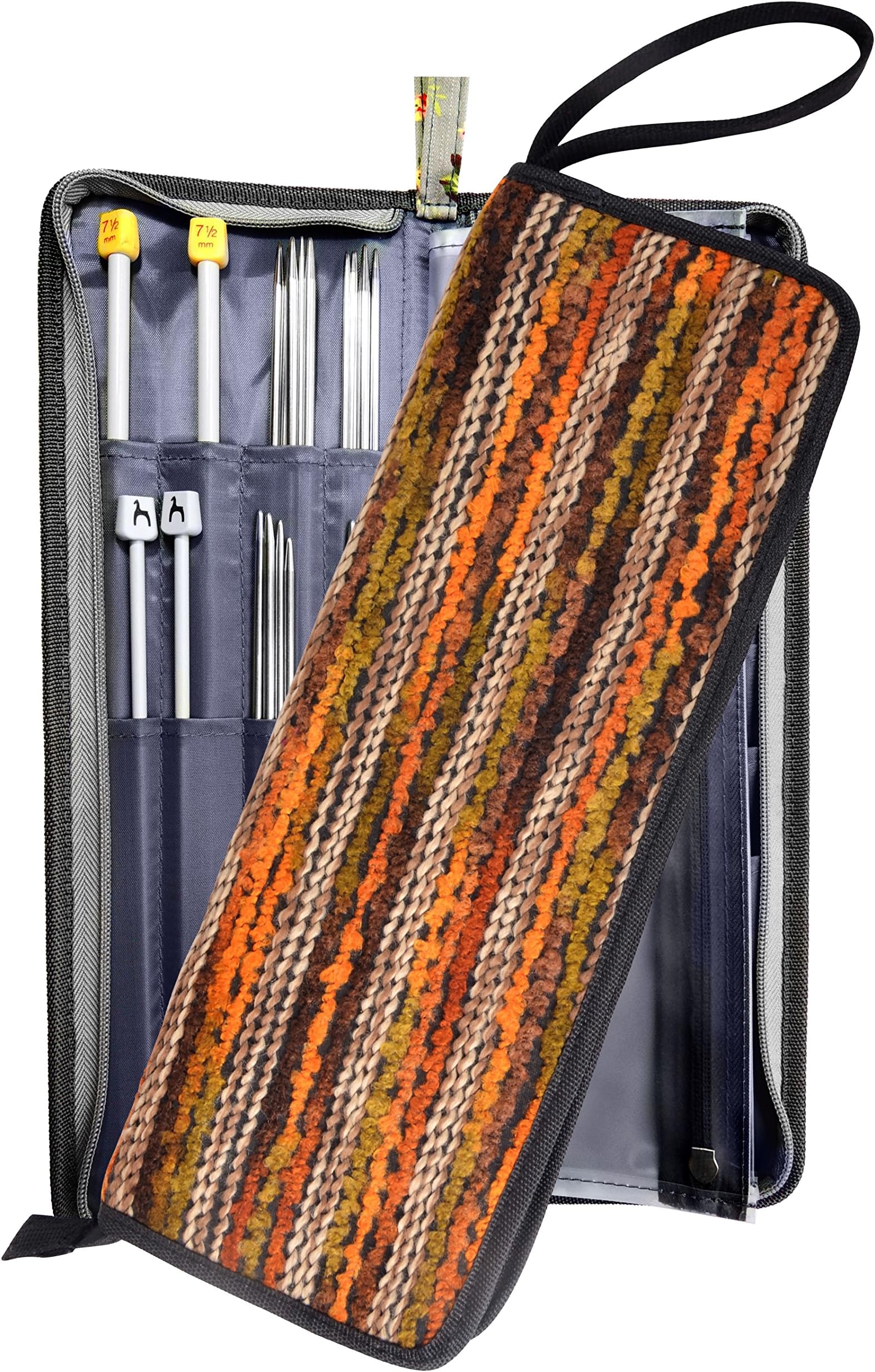 Luxury Woolen Zip Around Structured Straight Needle (Up To 14") Circular Knitting Needle Case Organizer, Two Zipper Pockets For Knitting Accessories