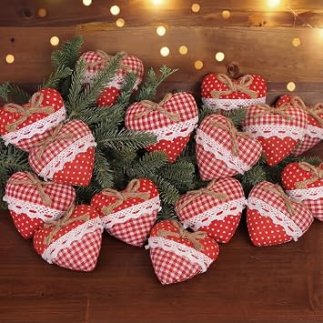 VioraWhite 24 Pcs Valentines Day Ornaments Fabric Hearts Tree Ornaments 2.56 Inch Farmhouse Stuffed Heart Bowl Vase Filler Rustic Neutral Valentines Decor for Home Christmas Tree DecorRed