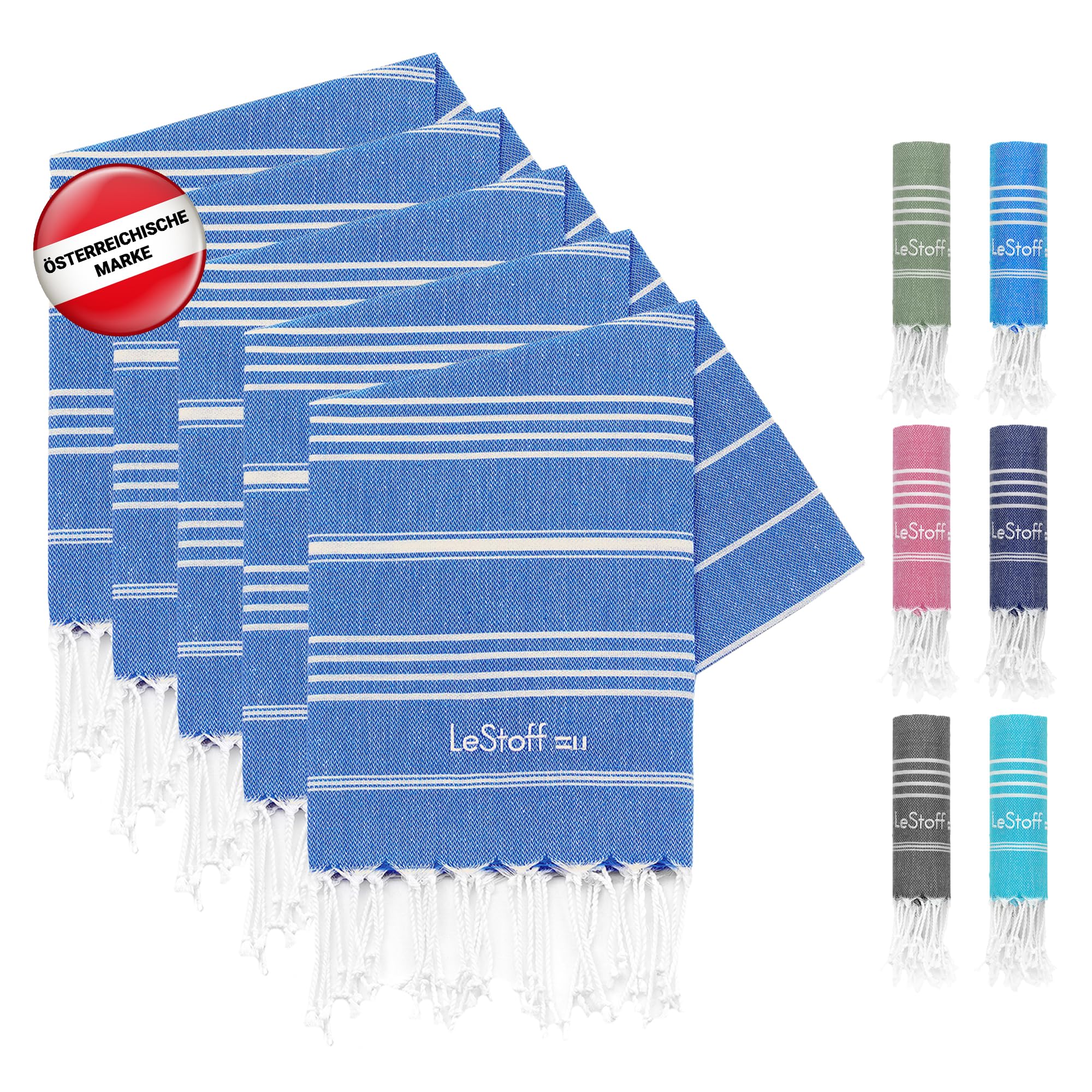 LeStoff 5er-Set Hamamtuch 50 x 100 cm – 100% Bio-Baumwolle, Vorgewaschen, Nachhaltig, Leicht, Saugstark & Schnelltrocknend - Handtuchset für Bad, Gäste, Gesicht, Sport, Reise, Camping (Sky Blue)