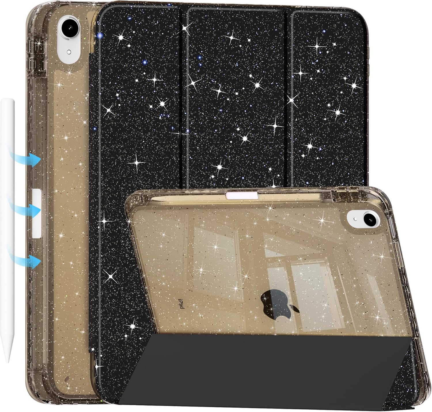 Tuiklol Sparkly Case for iPad (A16 Chip) 11th Gen 11 inch 2025 / iPad 10th Gen 10.9 inch 2022, Built in Pencil Holder with Glitter Clear Back Shell Cover Trifold Stand Auto Wake/Sleep, Sparkly-Black