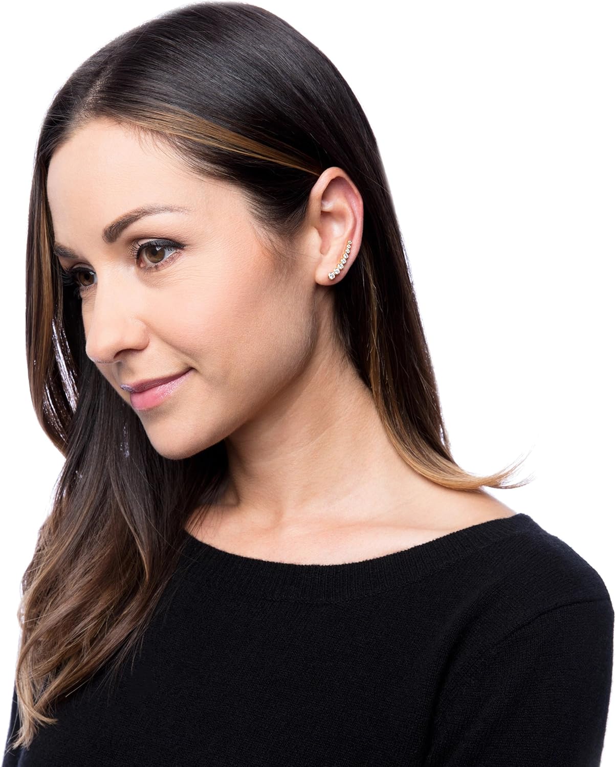 Sterling Silver 925 Gold/Rose Gold Bezel-set Zirconia Curved Bar Ear Climber Crawler Cuff Studs Hypoallergenic Earrings