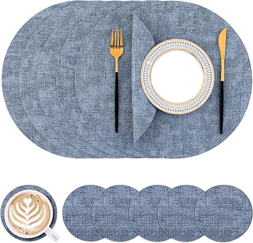 Miniatura 32 de Homaxy - Juego de 6 manteles individuales redondos de piel sintética y posavasos, lavables, de doble cara, manteles individuales de mesa, manteles