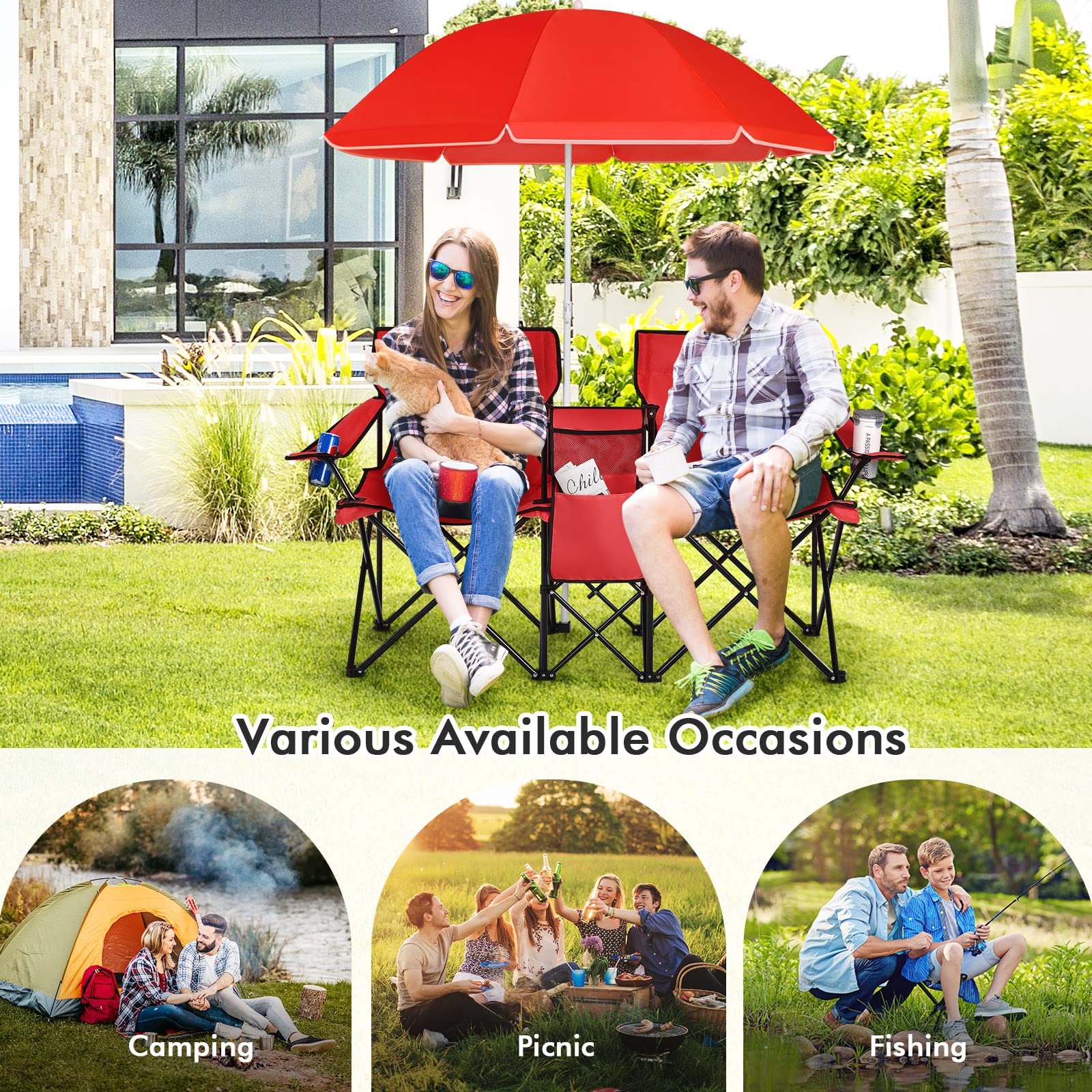 FANTASK Doppelsitzer Campingstuhl, 2-Sitzer Klappstuhl aus Oxford-Stoff & Stahl, Picknickstuhl mit Sonnenschirm, Kühltasche, Getränkehalter & Seitentasche, Faltstuhl für Camping, Angeln (Rot)